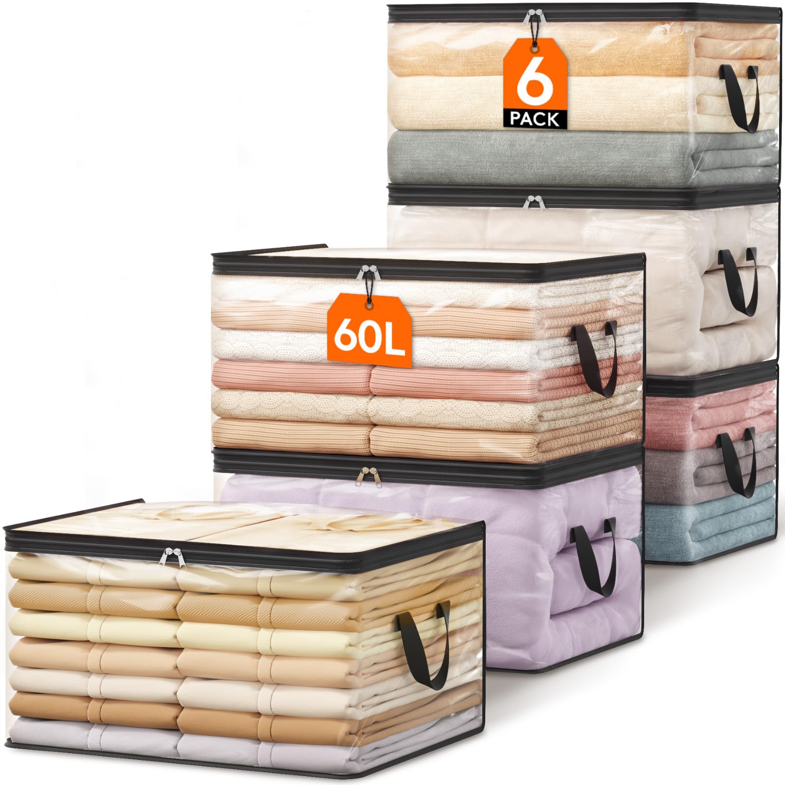 Lifewit 6 Pack Clear Clothes Storage Bags - 60L Plastic Blanket Vinyl Foldable Moving Bags with Zipper | Space-Saving Closet Organizers & Storage Containers for Bedding, Duvet, Pillow | Perfect for Home Organization, Moving & Seasonal Storage