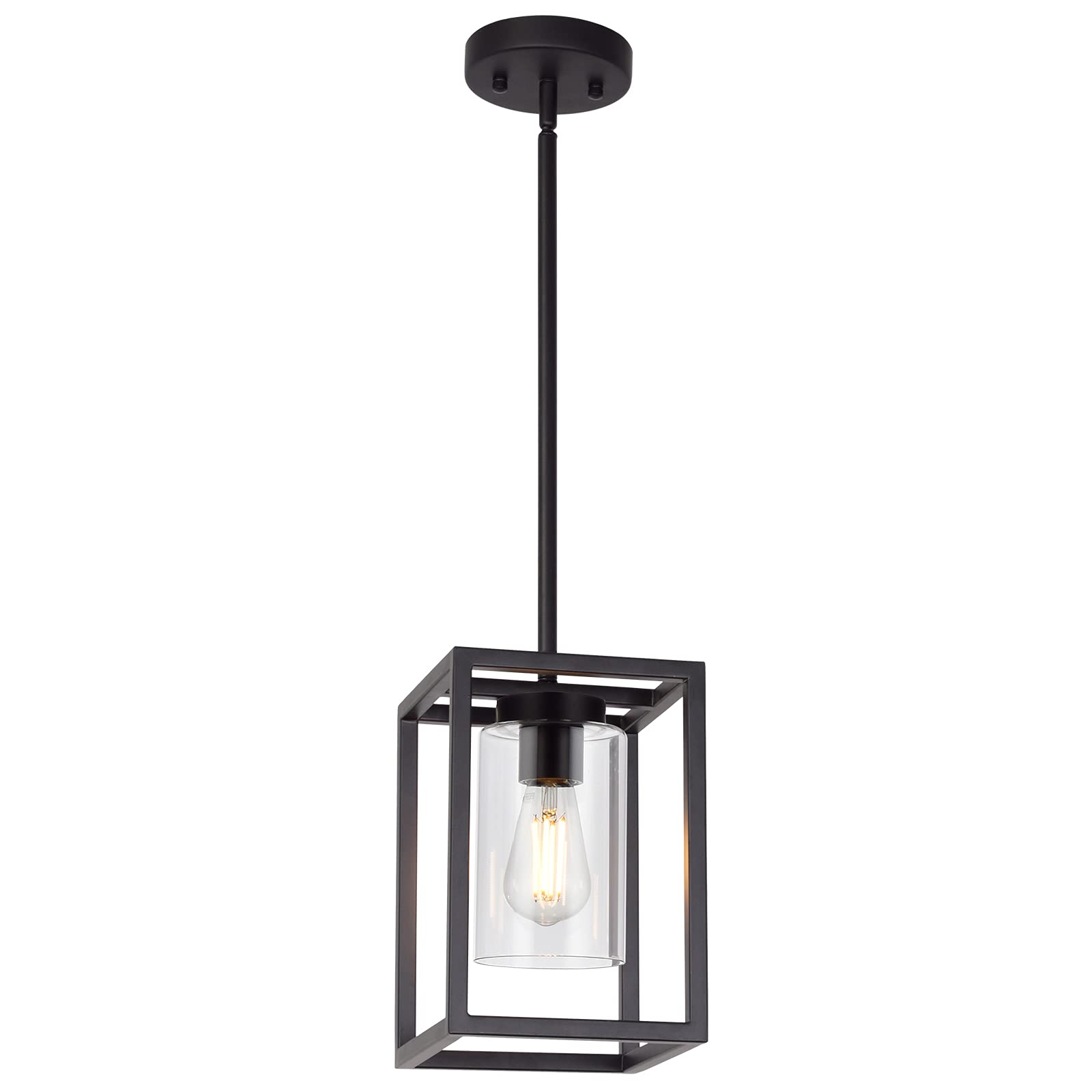 VINLUZ Black Cage Farmhouse Pendant Light with Glass Shade - Modern 1-Light Kitchen Island Chandelier for Dining Room, Living Room & Home Decor | Rustic Industrial Ceiling Hanging Fixture for Farmhouse, Loft & Contemporary Spaces
