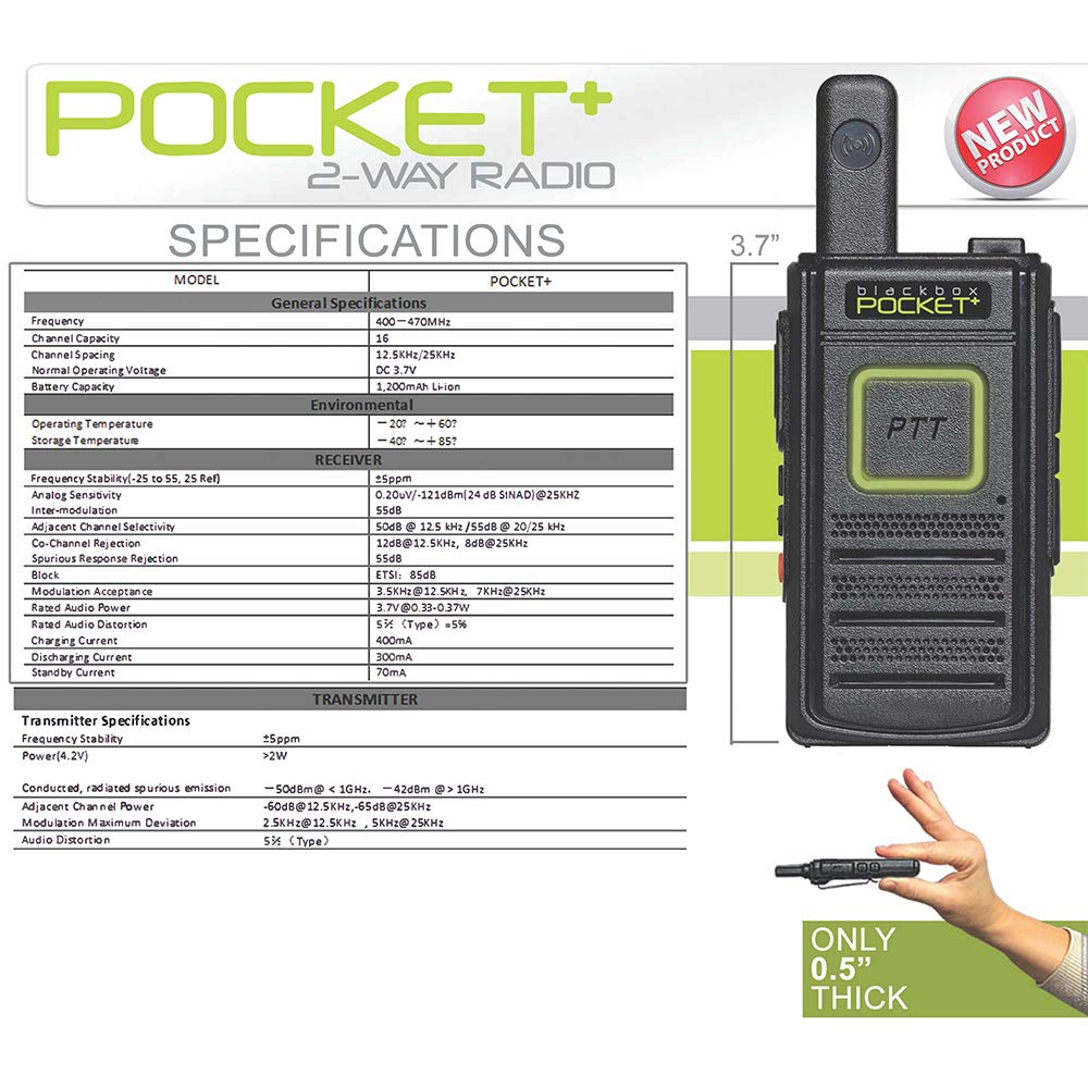 Klein Electronics Blackbox-PocketPlus Compact 2-Way Radio - 16 Channel UHF Walkie Talkie (400-470MHz) with 1.5W Output, 0.5