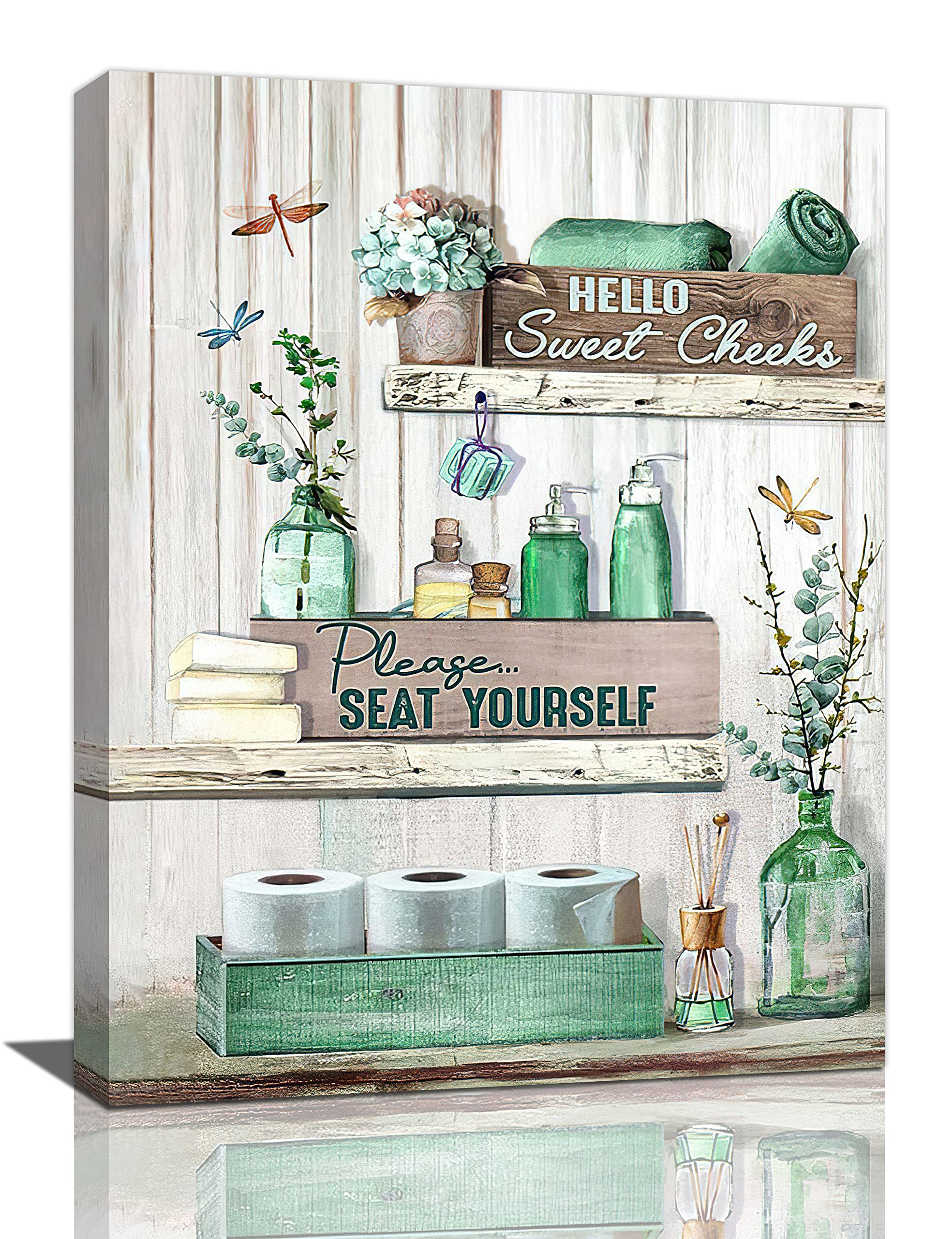 Rustic Farmhouse Bathroom Wall Art - Dragonfly Canvas Print with Wood Background, Framed Bathroom Rules Decor for Bath, Laundry & Home | Perfect for Farmhouse, Vintage & Coastal Style Bathrooms