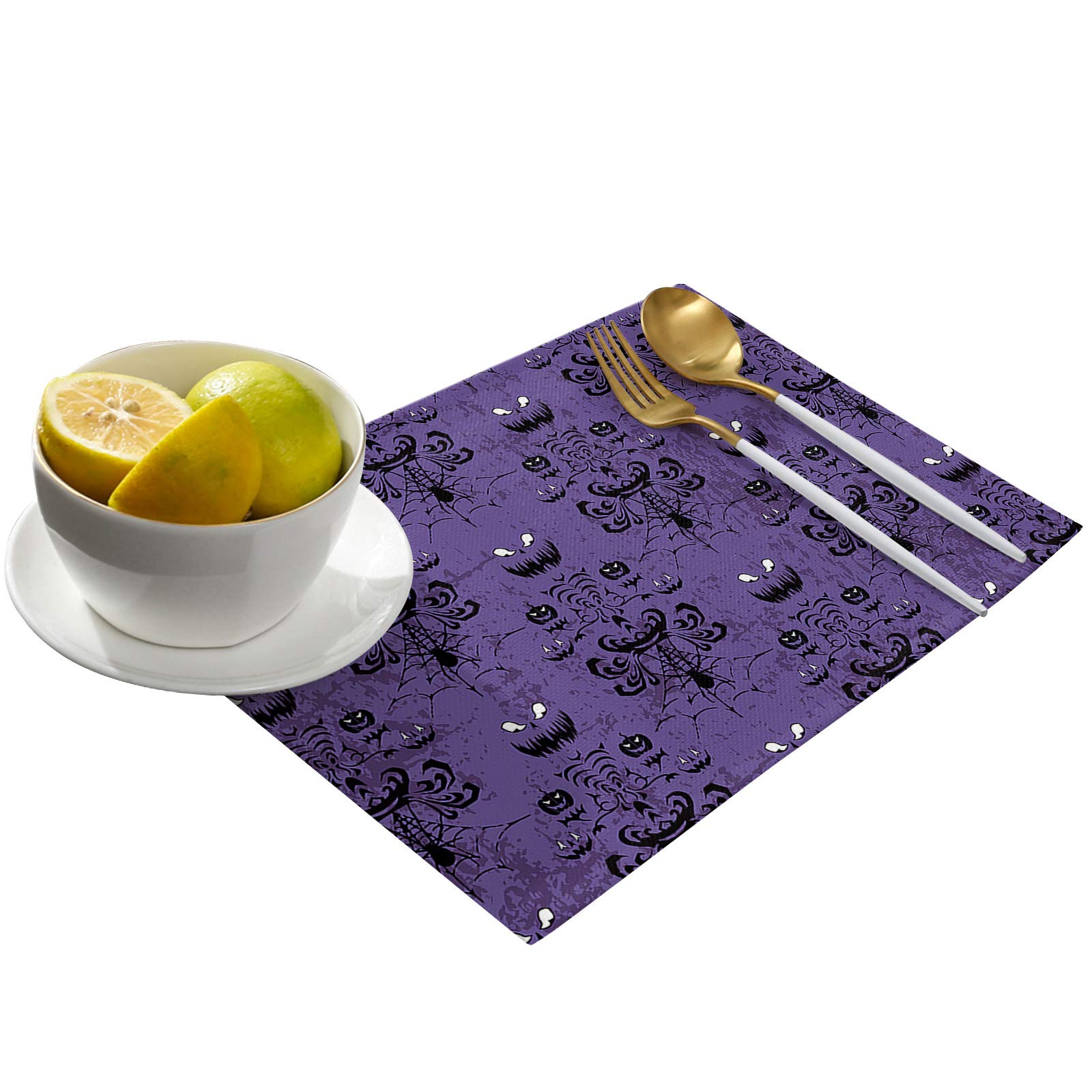 Halloween Placemats Set of 6 - Waterproof Cloth Table Mats for Dining, Cotton Linen Fabric Placemats in Purple - Haunted House Ghost & Spiderweb Design - Perfect for Scary Movie Nights, Halloween Parties & Spooky Dinner Decor