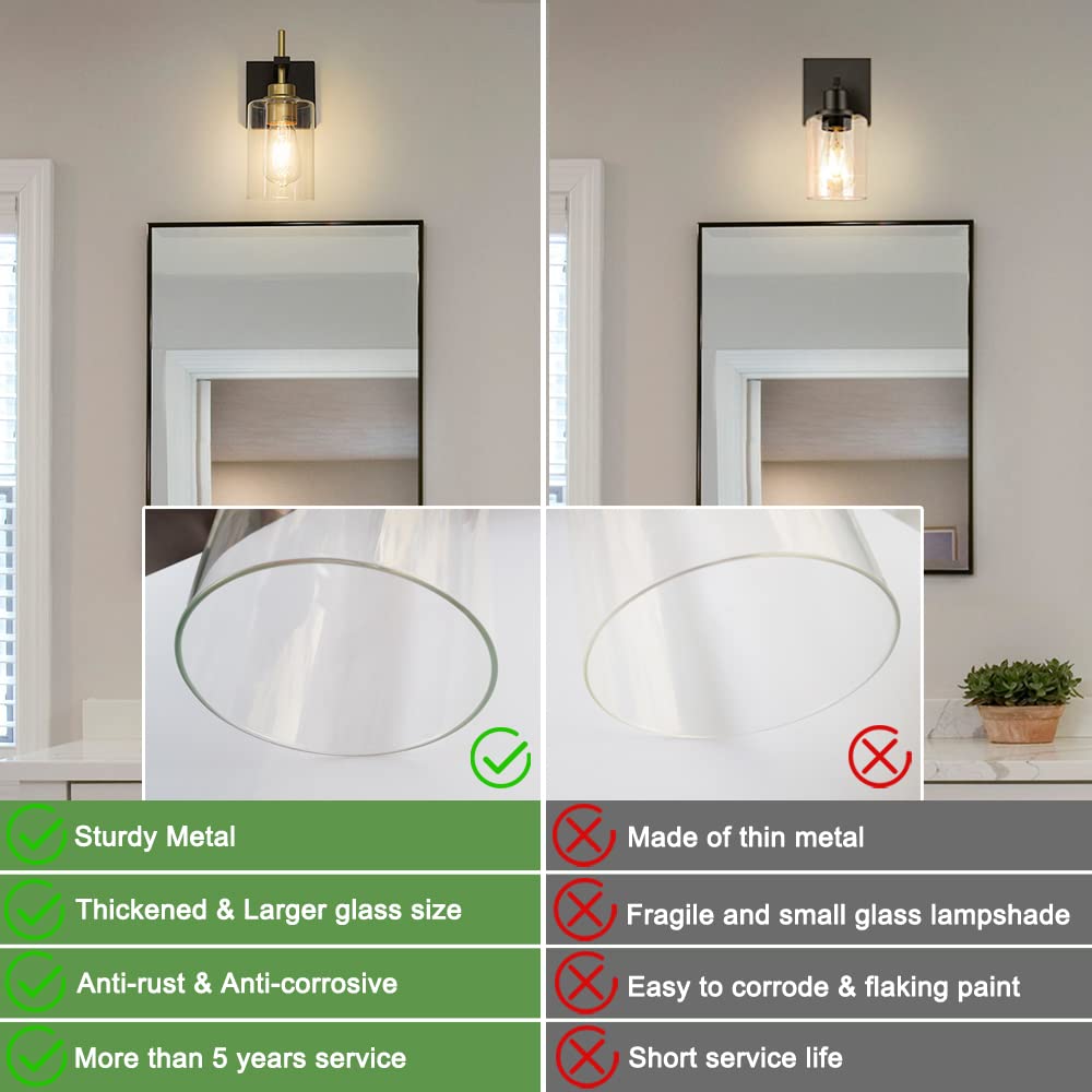 Black Gold Wall Sconces Set of 2 - Modern Glass Bathroom Lighting for Bedroom Living Room