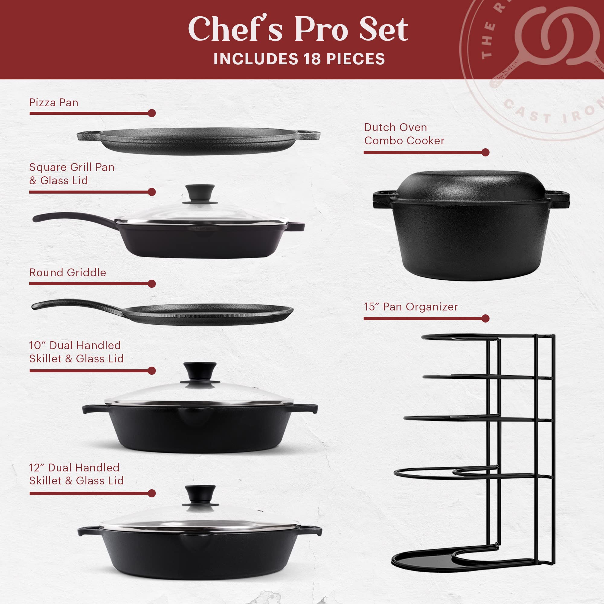 Cuisinel 18-Piece Cast Iron Cookware Set - Pre-Seasoned 10