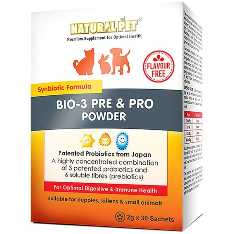 Natural Pet Bio 3 Pre & Pro Probiotic Powder for Dogs & Cats - Flavor Free, 2g x 30 Pack - Supports Digestive Health & Immunity - Perfect for Travel, Daily Use & Post-Antibiotic Care