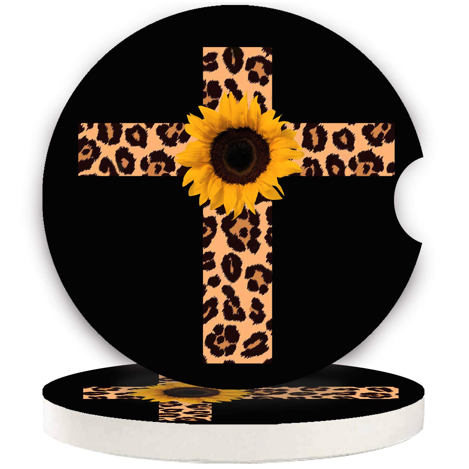 2-Pack Leopard Print & Sunflower Car Coasters - 2.56
