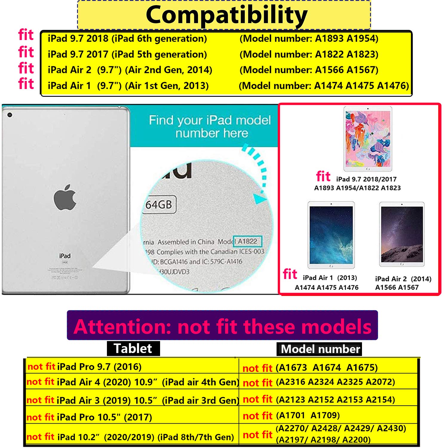 Premium Magnetic Smart PU Leather Case for iPad 9.7 inch (2017/2018) & iPad Air 1/2 - Shockproof Folio Stand Cover with Auto Sleep/Wake Function for iPad 6th/5th Gen & iPad Air 1st/2nd Gen (Yellow Fox Design) - Perfect for Work, Travel & Home Use