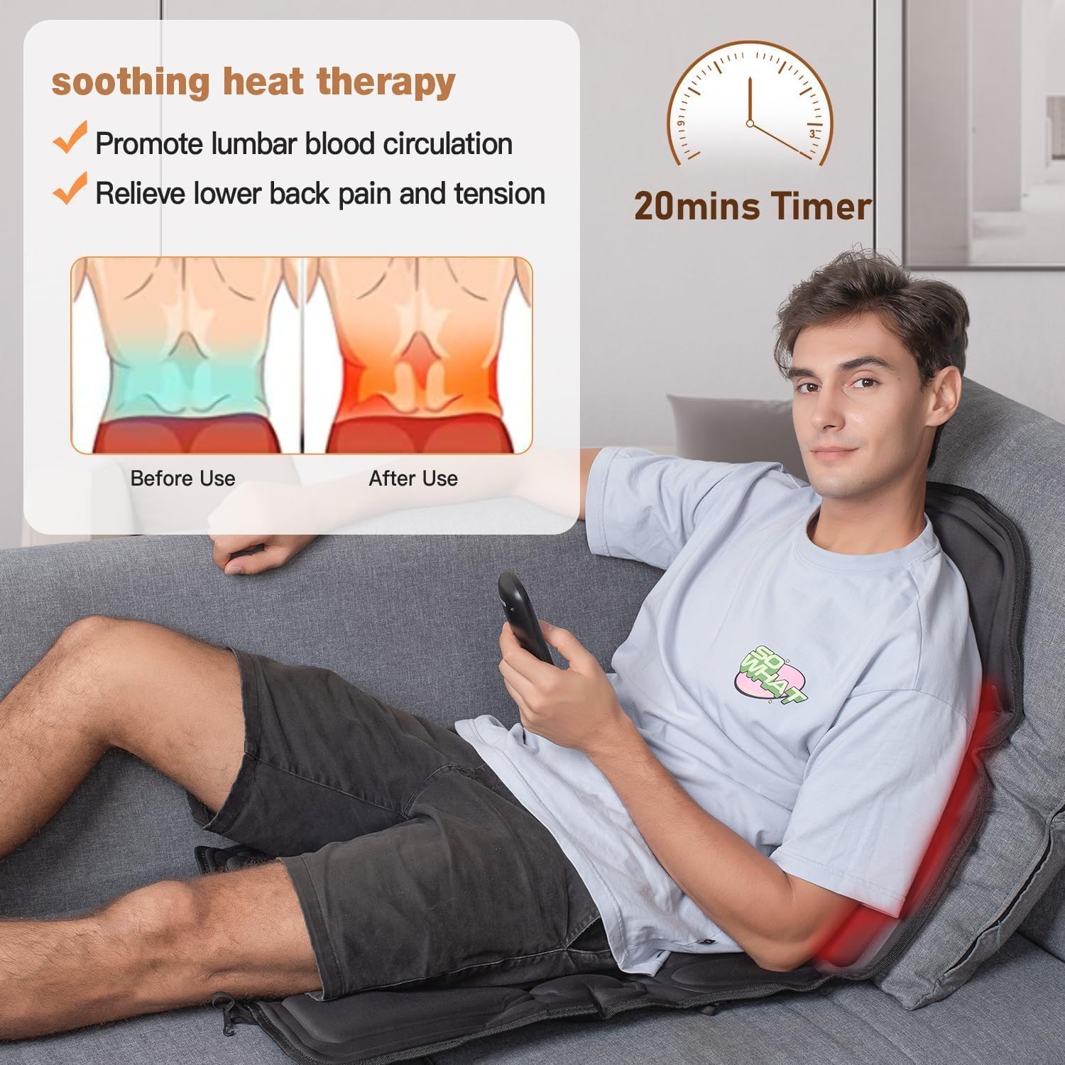 Deep Tissue Massage Cushion with Heat - 10 Vibration Motors for Back Pain Relief, Shiatsu Massager Seat Cushion for Office Chair, Car, Home Use - Perfect for Stress Relief & Muscle Relaxation
