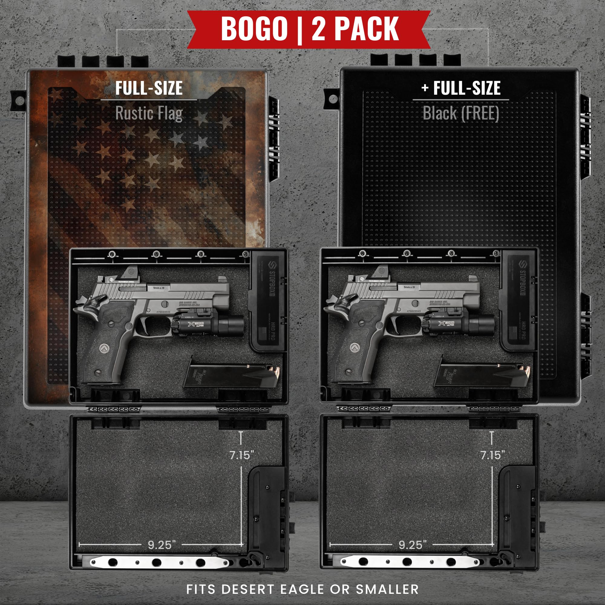 STOPBOX PRO Gun Safe - Portable Pistol Case for Car & Travel | Rustic Flag + Black (2 Pack) | Quick Access Handgun Storage