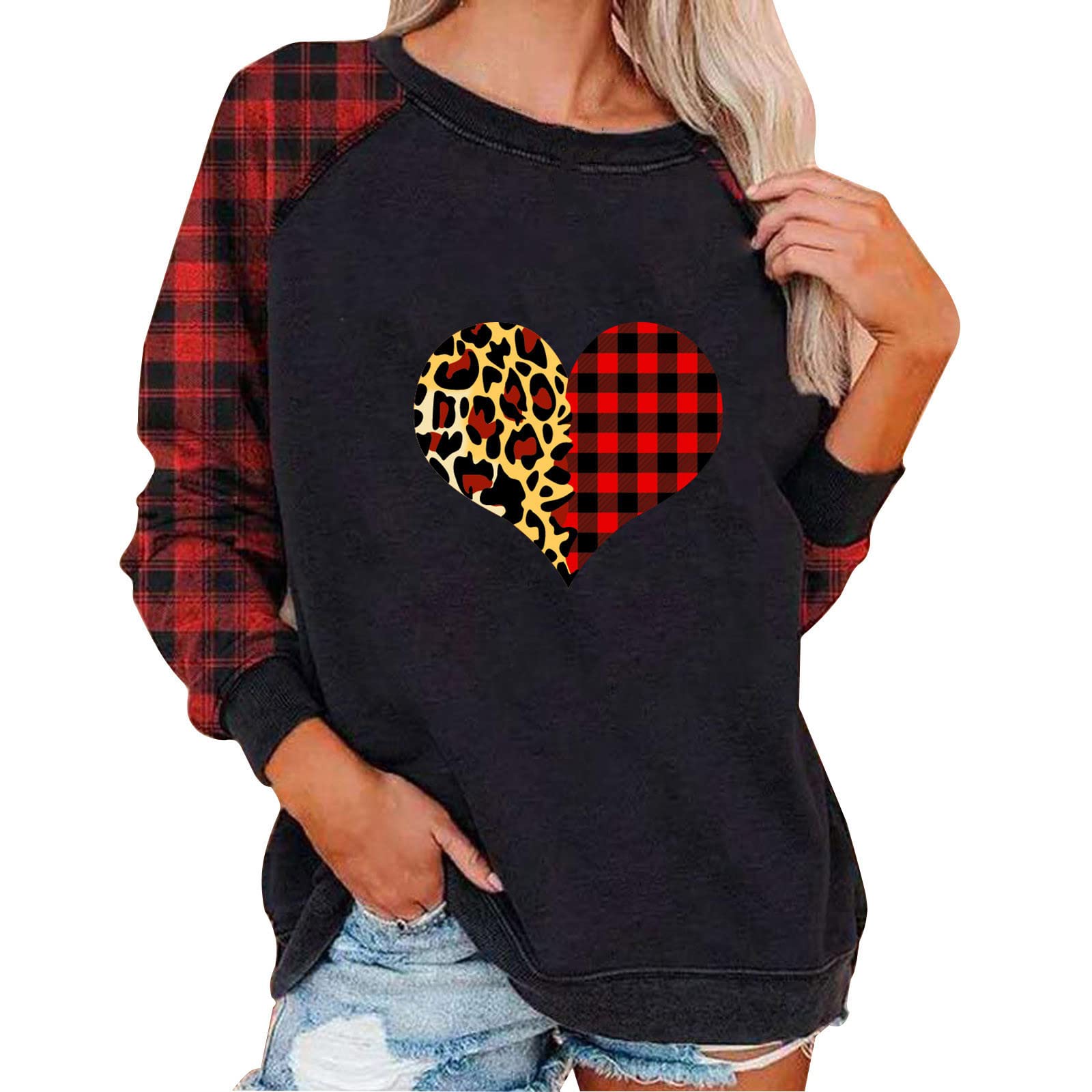 Trendy Women's Halloween Leopard Plaid Print T-Shirt - Round Neck Long Sleeve Loose Pullover Blouse for Fall | Perfect for Costume Parties, Pumpkin Carving & Spooky Season Outfits