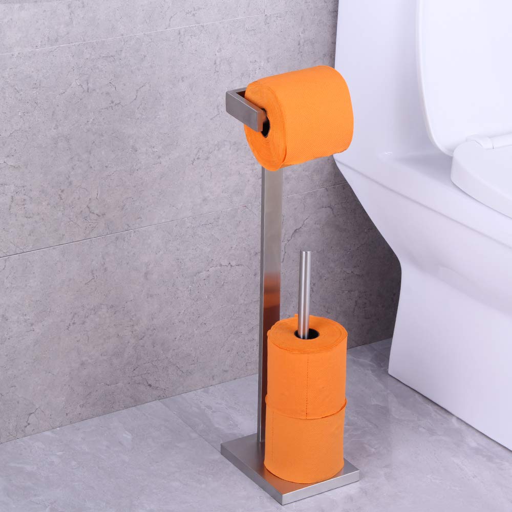 GERZWY Free Standing Toilet Paper Holder - SUS 304 Stainless Steel Bathroom Tissue Roll Stand with Brushed Finish - Durable & Rustproof for Home, Office, Hotel Restroom Decor (Model DZY005-LS) - Perfect for Modern Bathrooms, Powder Rooms and Guest Toilets