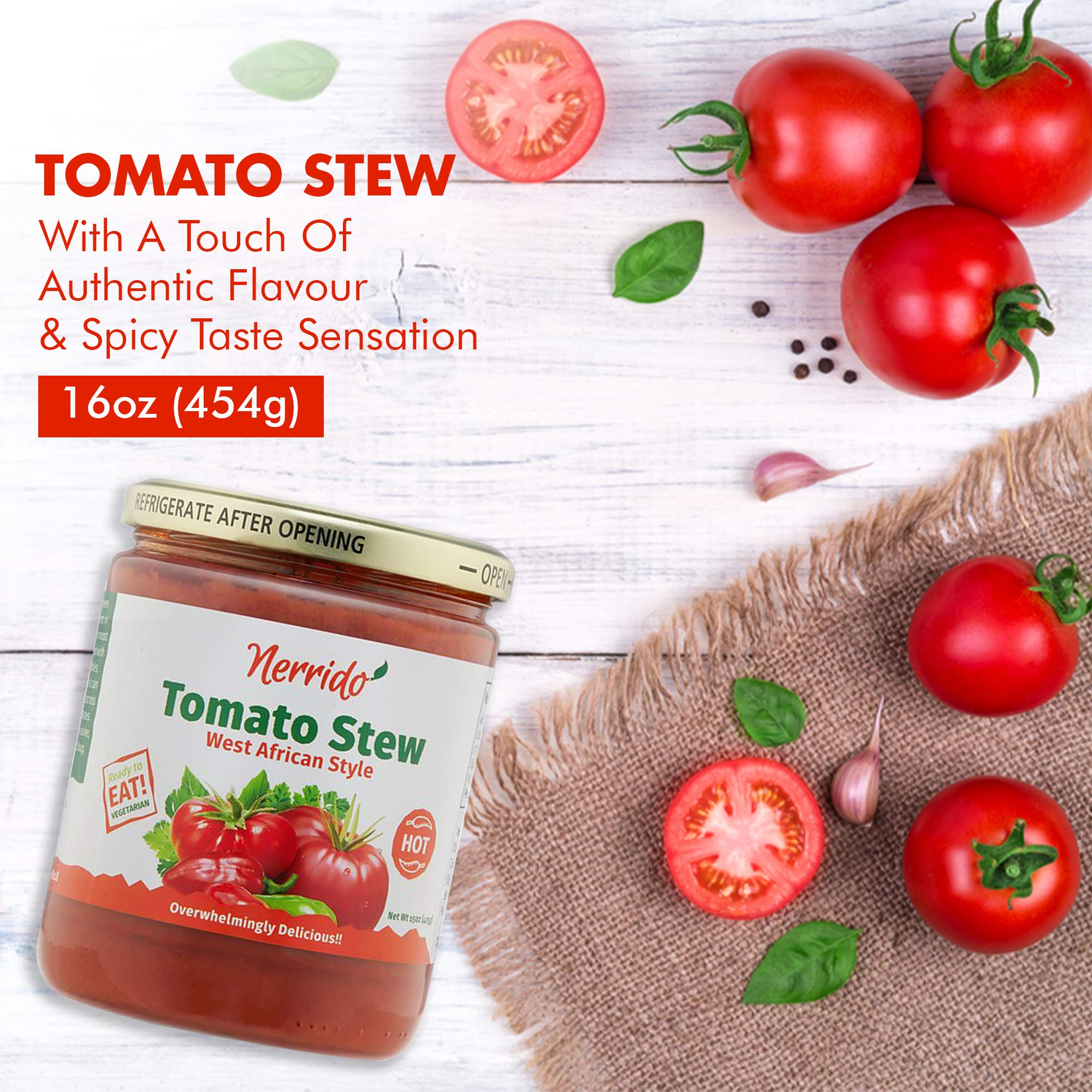 Nerrido African Style Hot Pasta Sauce - Canned Tomato Stew & Jollof Rice Red Sauce with Vegetables and Spices, 16oz (454g) 4-Pack | Perfect for Pasta, Rice Dishes, and African Cuisine