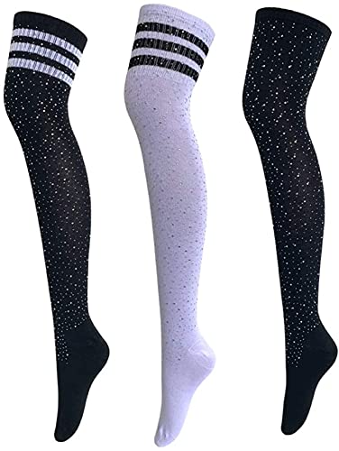 Sexy Sparkle Rhinestone Over Knee High Socks for Women - 3 Pairs (Black+White) - Perfect for Parties, Cosplay & Winter Fashion