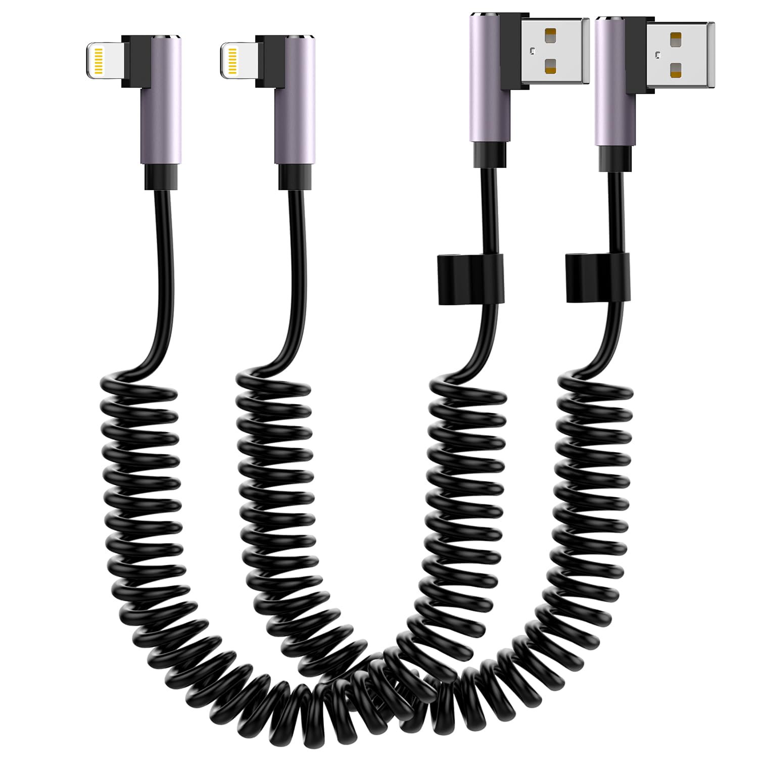 90 Degree Coiled Lightning Cable MFi Certified - 2 Pack Short iPhone Charger for Car, 3FT USB Cable for iPhone 14/13/12/11 Pro Max/XR/XS/X/8/7 & iPad/iPod - Perfect for CarPlay & Tight Spaces