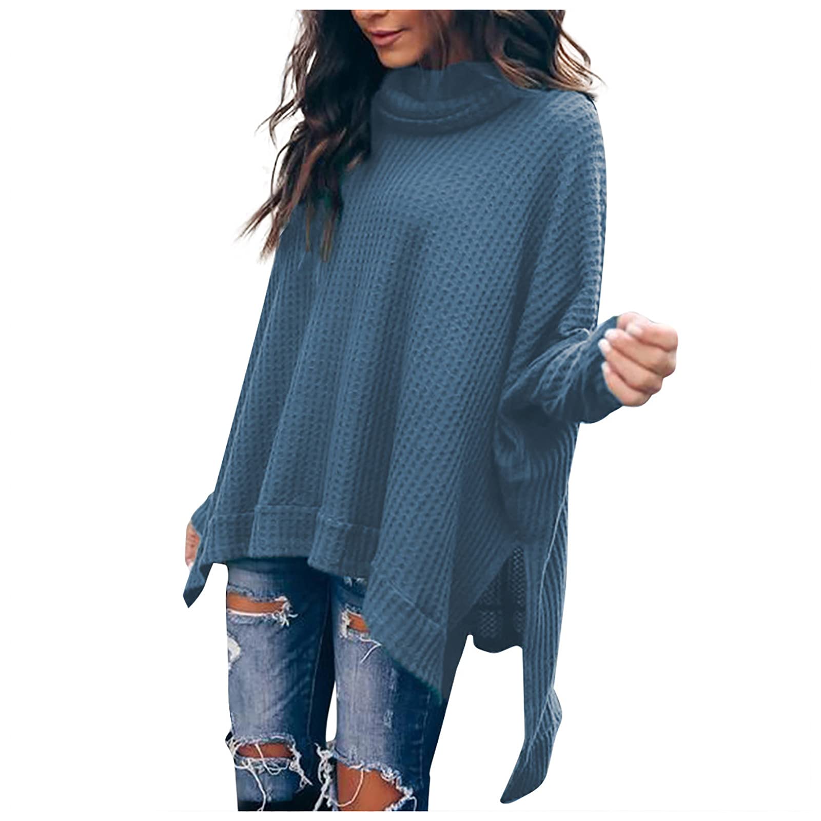 Women's Oversized Turtleneck Sweater - Batwing Sleeve Pullover with High-Low Hem & Side Slit | Waffle Knit Casual Tunic Top for Fall/Winter | Perfect for Office, Date Night & Cozy Loungewear