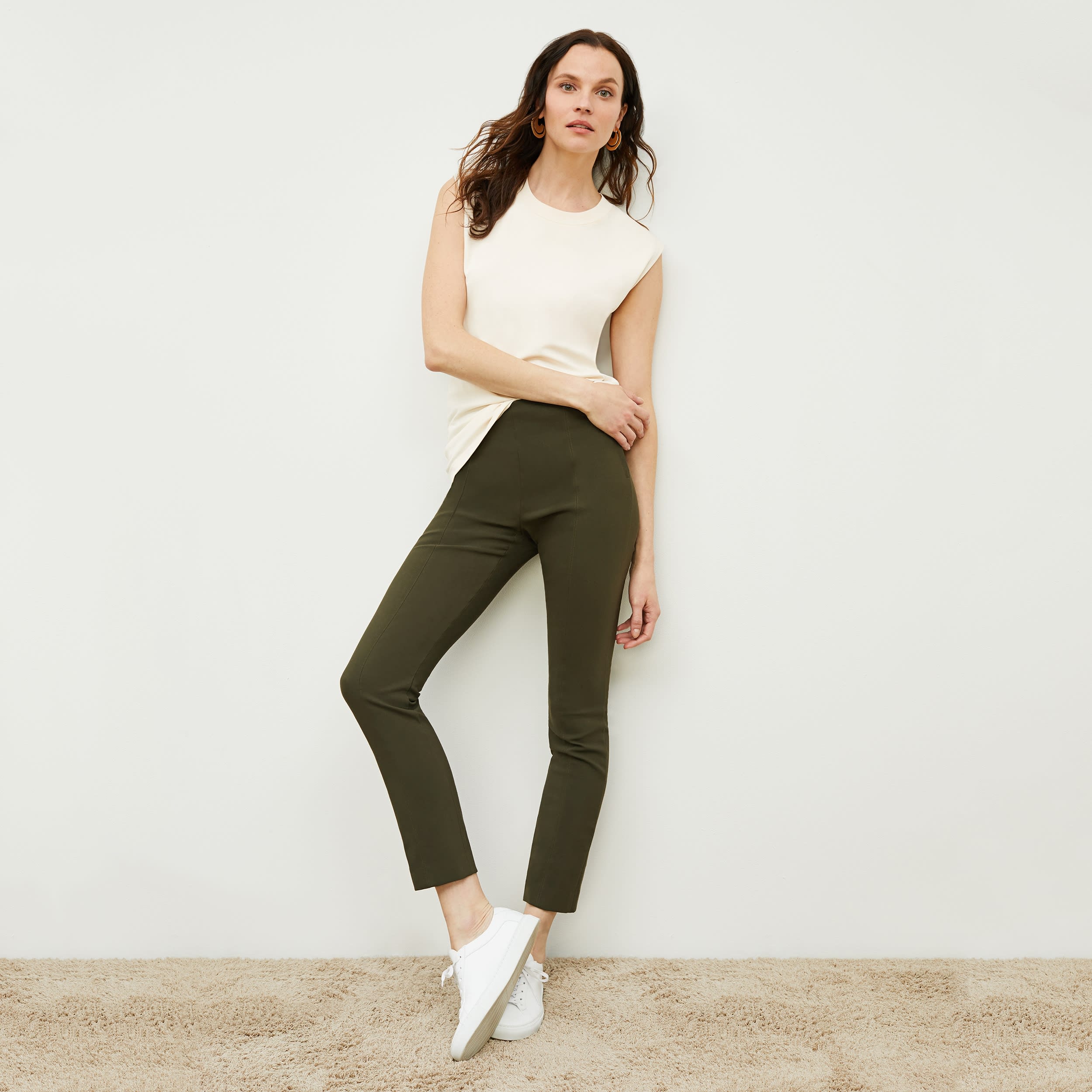 Foster Cigarette Pants for Women - PowerStretch High Waist Slim Fit Trousers in Dark Olive | Perfect for Work, Travel & Outdoor Activities