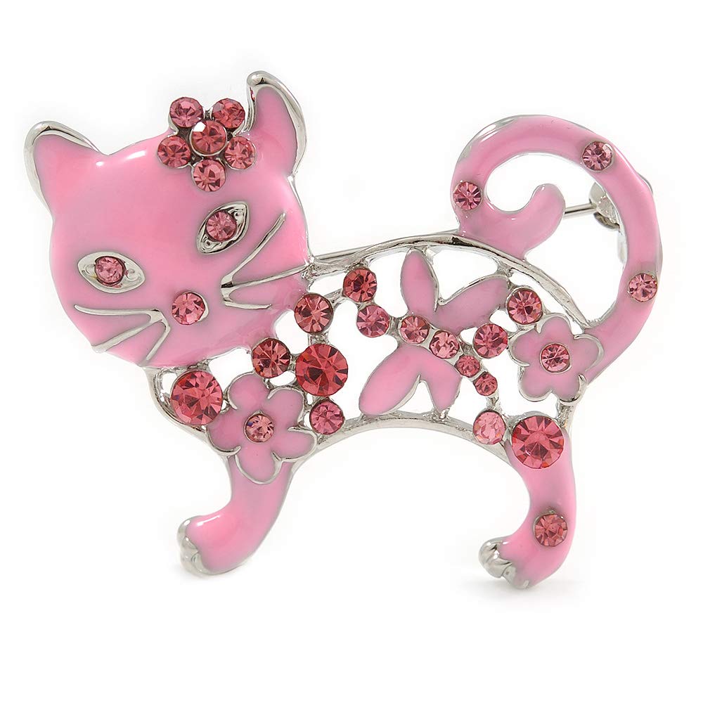 Elegant Pink Crystal Enamel Cat Brooch Pin - Vintage Style Jewelry Accessory for Women's Blazers, Coats & Handbags (Perfect Gift for Cat Lovers)