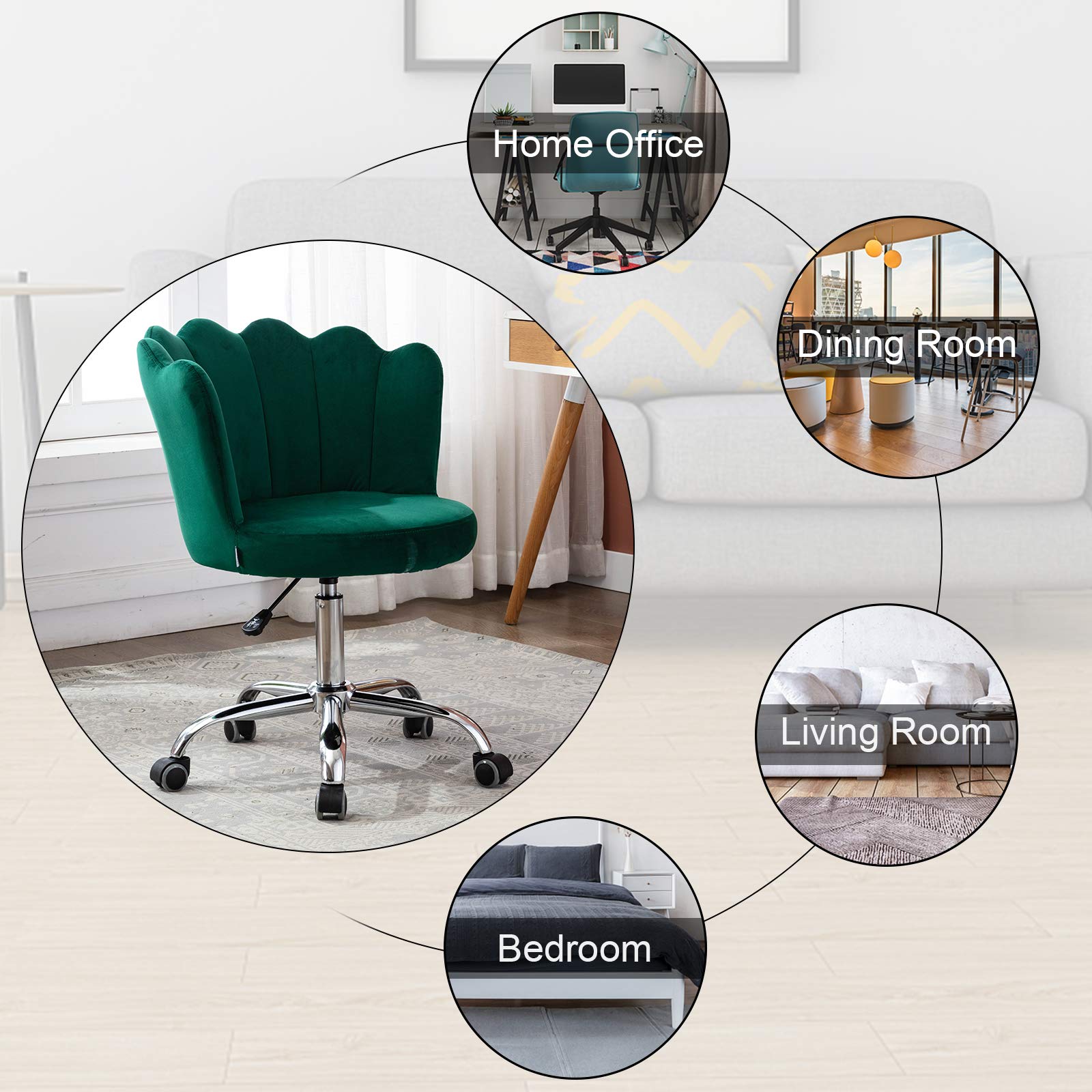 SSLine Velvet Desk Chair - Elegant Upholstered Office Chair with Wheels, Modern Swivel Height Adjustable Task Chair for Home Office, Living Room, Vanity or Leisure Use (Green) | Perfect for Working, Studying & Relaxing