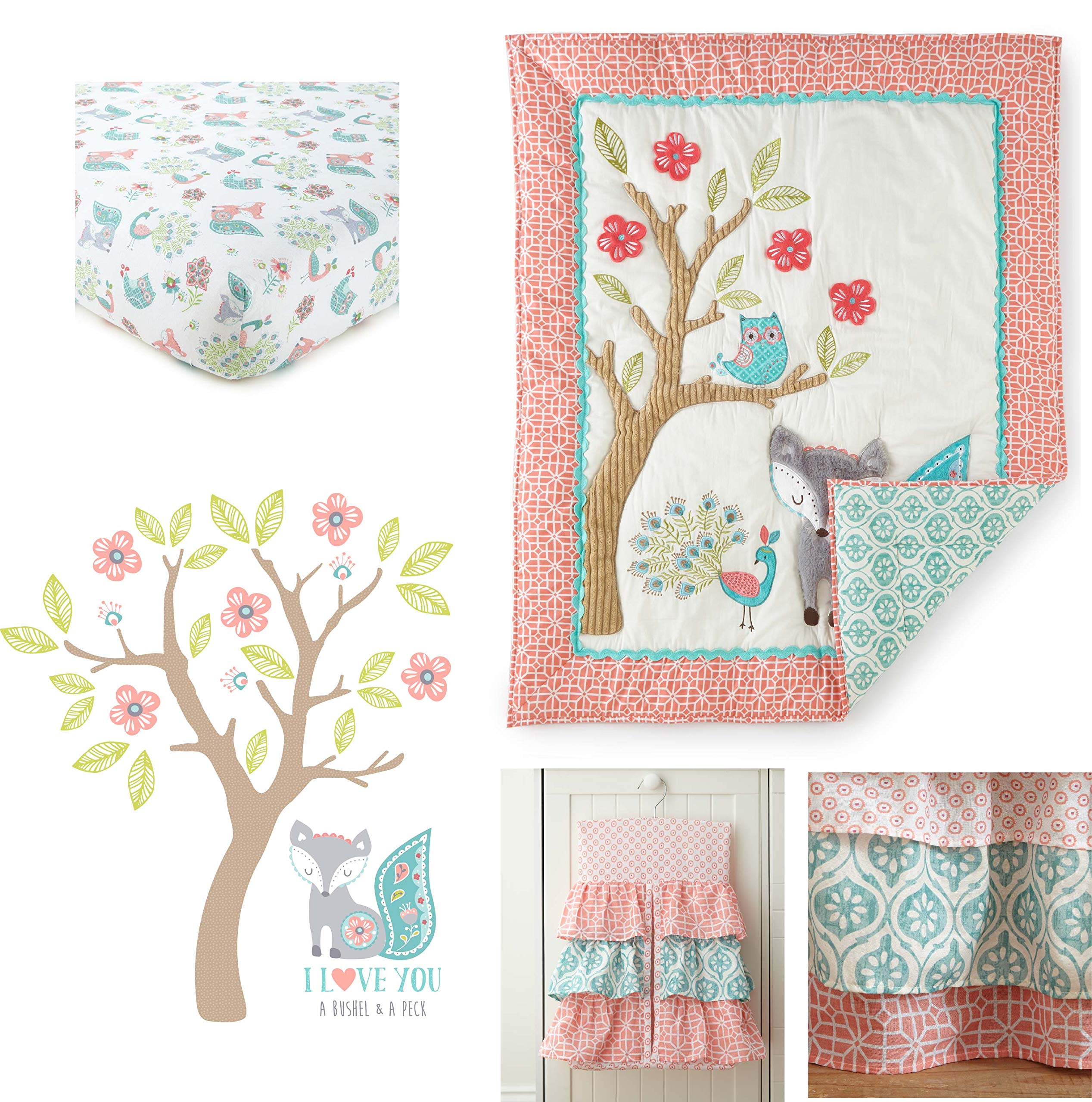 Levtex Baby Fiona 5-Piece Crib Bedding Set - Pink, Teal & White Woodland Forest Theme Nursery Collection - Includes Quilt, 2 Fitted Sheets, Wall Decal & Dust Ruffle - Perfect for Baby Shower Gifts & Nursery Decor