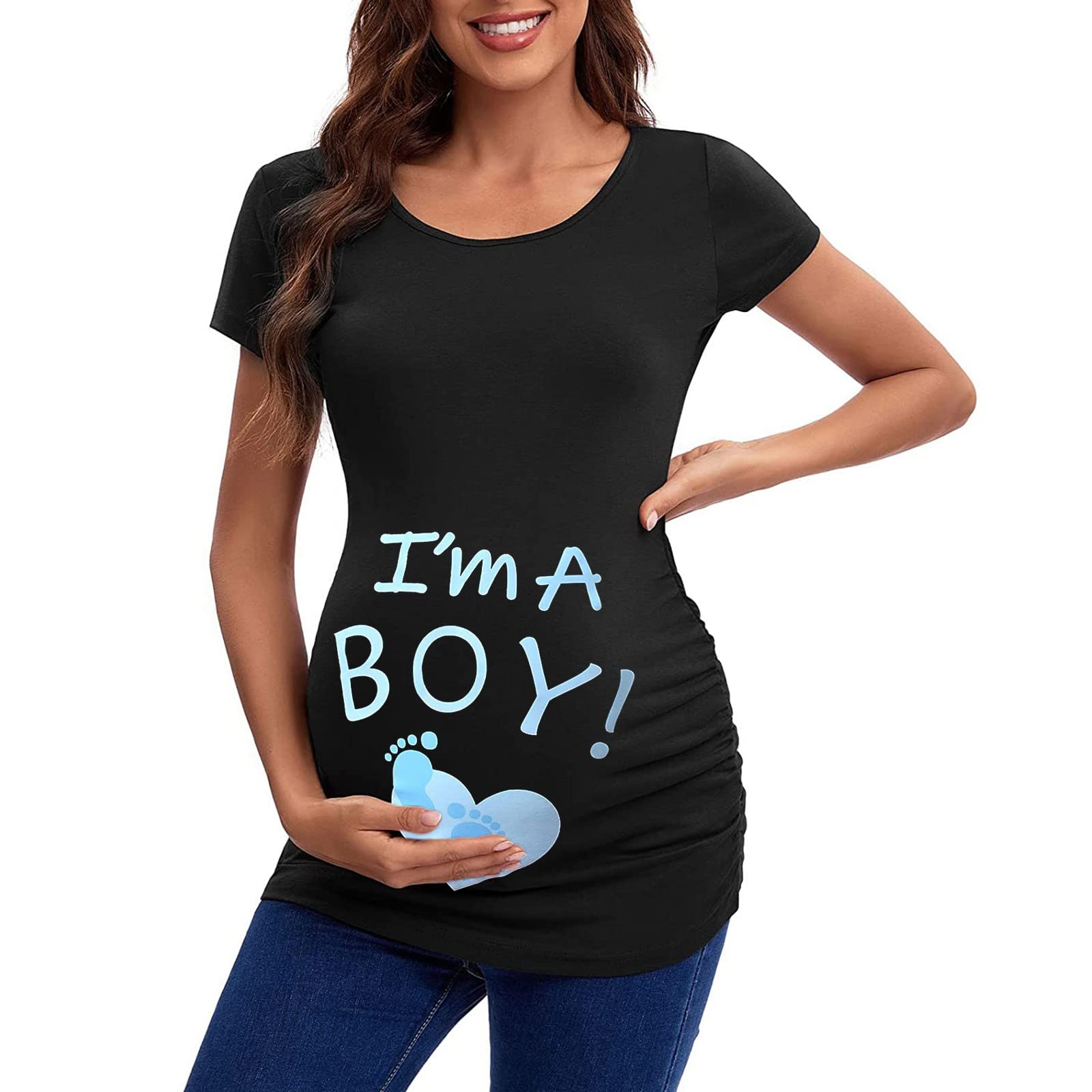 Women's Maternity Short Sleeve Crew Neck Letter Printed T-Shirt - Pregnancy Casual Tee - Blue Maternity Top for Everyday Wear & Nursing Comfort