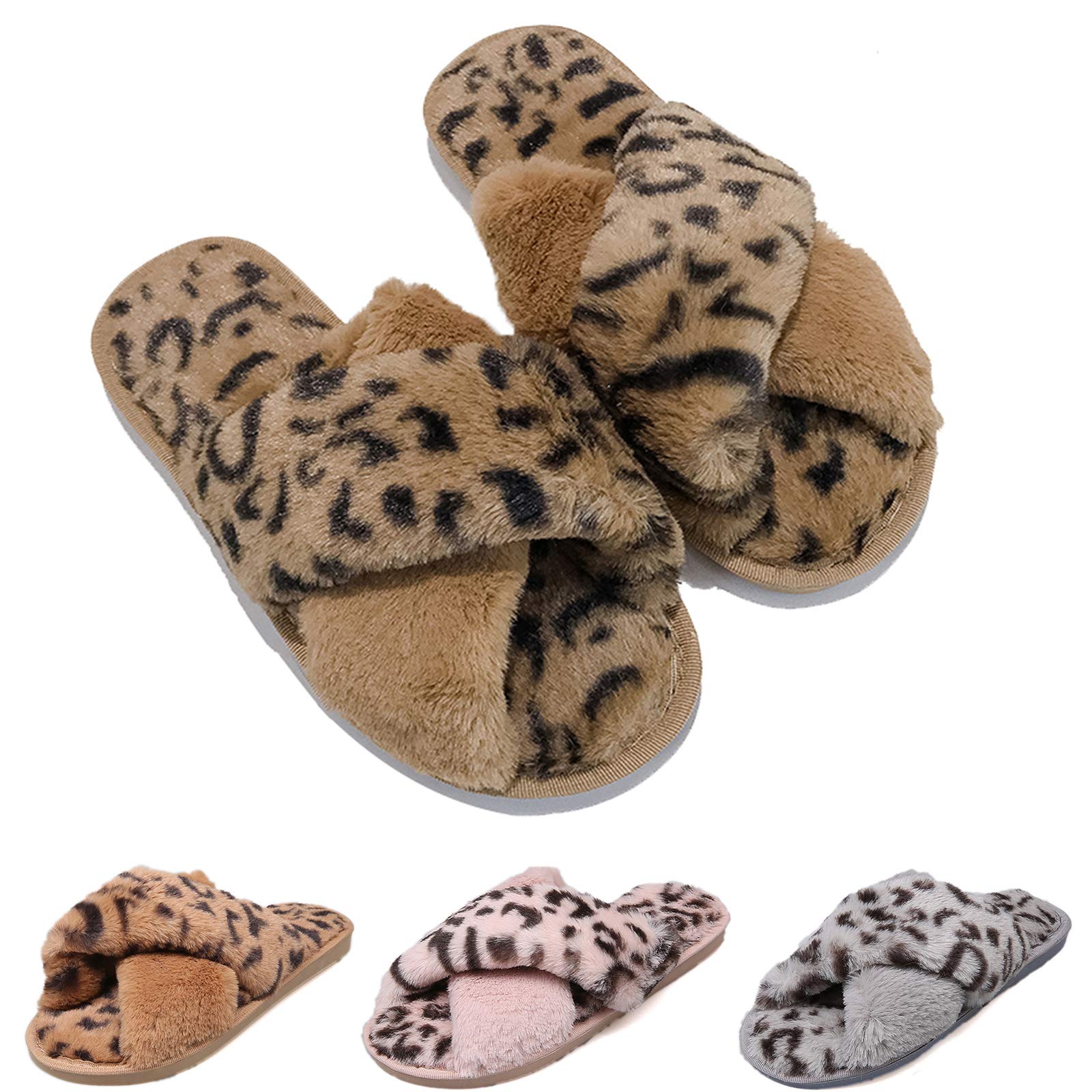 Women's Fuzzy Slippers - Cozy Cross Band Open Toe House Shoes for Indoor/Outdoor Wear