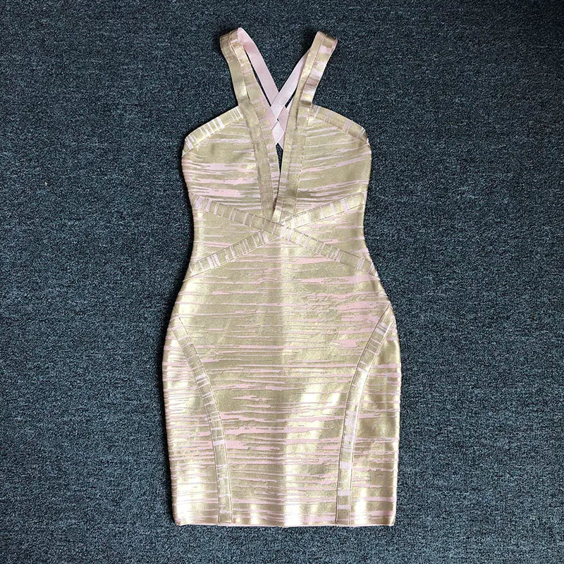 Sexy Gold Foil Off Shoulder Bodycon Mini Dress for Women - V Neck Bandage Party Dress for Evening, Birthday, Club & Night Out (Vestido)