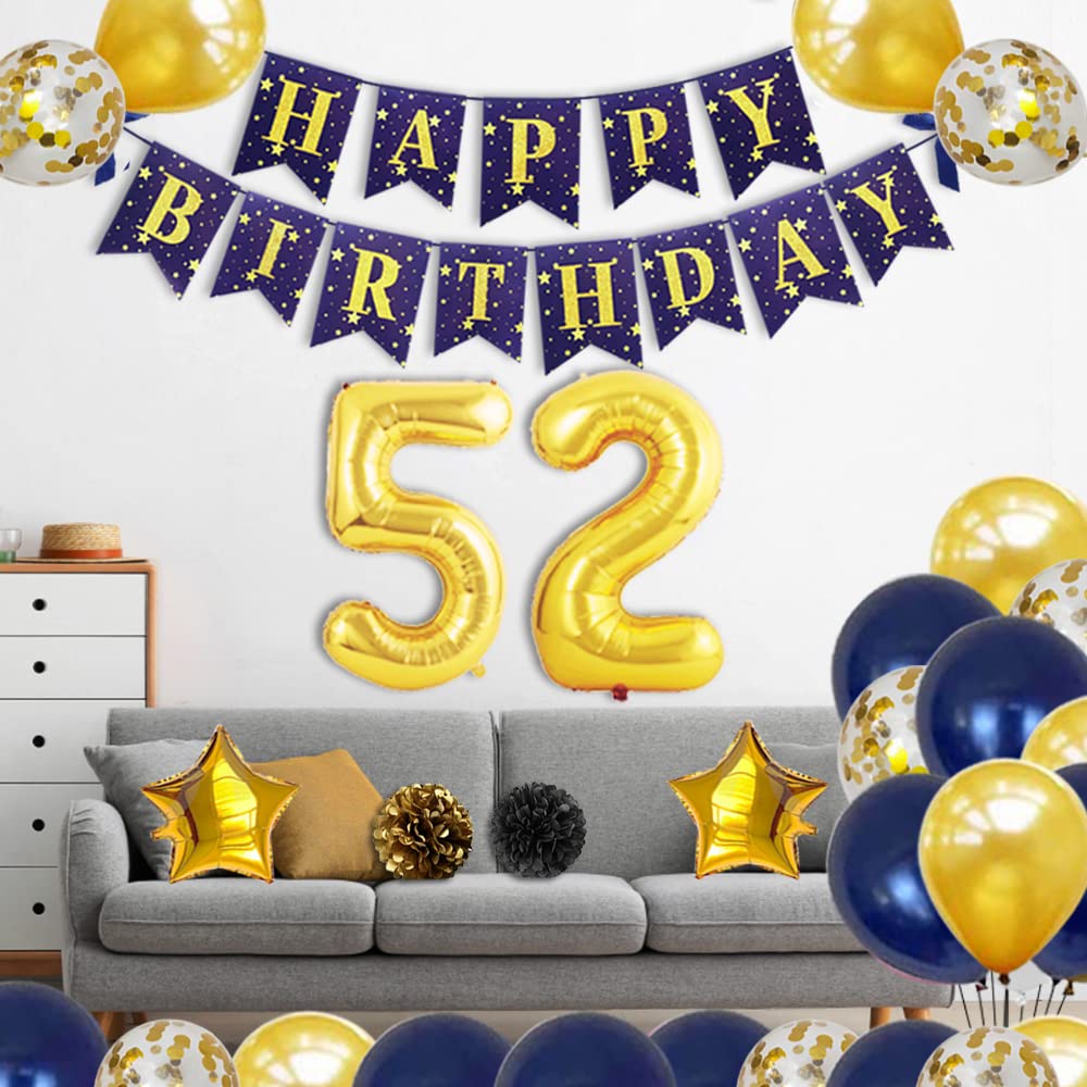52nd Birthday Party Decorations Set - Gold Happy Birthday Banner, Number 52 Balloons, Sash & Confetti - Perfect for 52 Year Old Celebration Supplies (Dark Blue) - Ideal for Milestone Birthday Parties, Anniversary Celebrations & Surprise Decorations