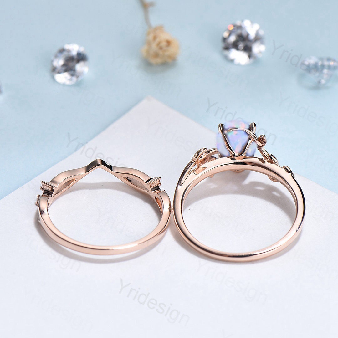 Natural Inspired Leaf Opal Ring Set with Cluster Amethyst & Fire Opal - Unique Branch Wedding Ring for Women - Perfect Engagement, Anniversary Gift for Her - Ideal for Romantic Dates, Proposals & Special Occasions