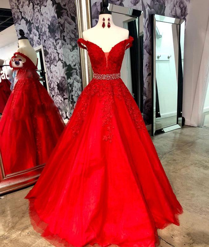 Elegant Red Lace Prom Dress with Tulle & Beaded Details - Off Shoulder Long Evening Gown for Homecoming, Ball, Wedding & Special Occasions