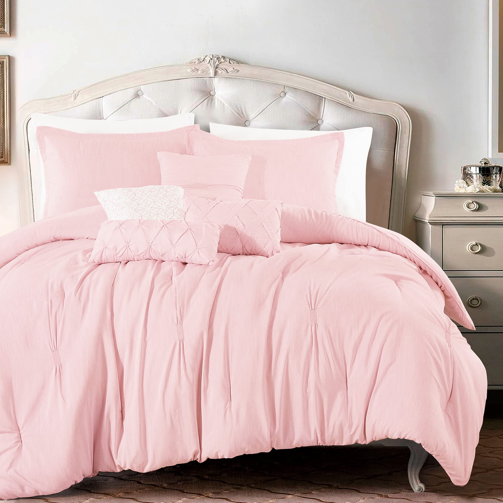 LinenTopia Luxury 7-Piece King/Cal-King Comforter Set with Shams & Cushions - Modern Elegant Pale Pink Pleated-Cross Design with Beaded Pillows - Complete Bed in a Bag (22073, K/CK) - Perfect for Master Bedrooms, Guest Rooms & Luxury Hotel Decor