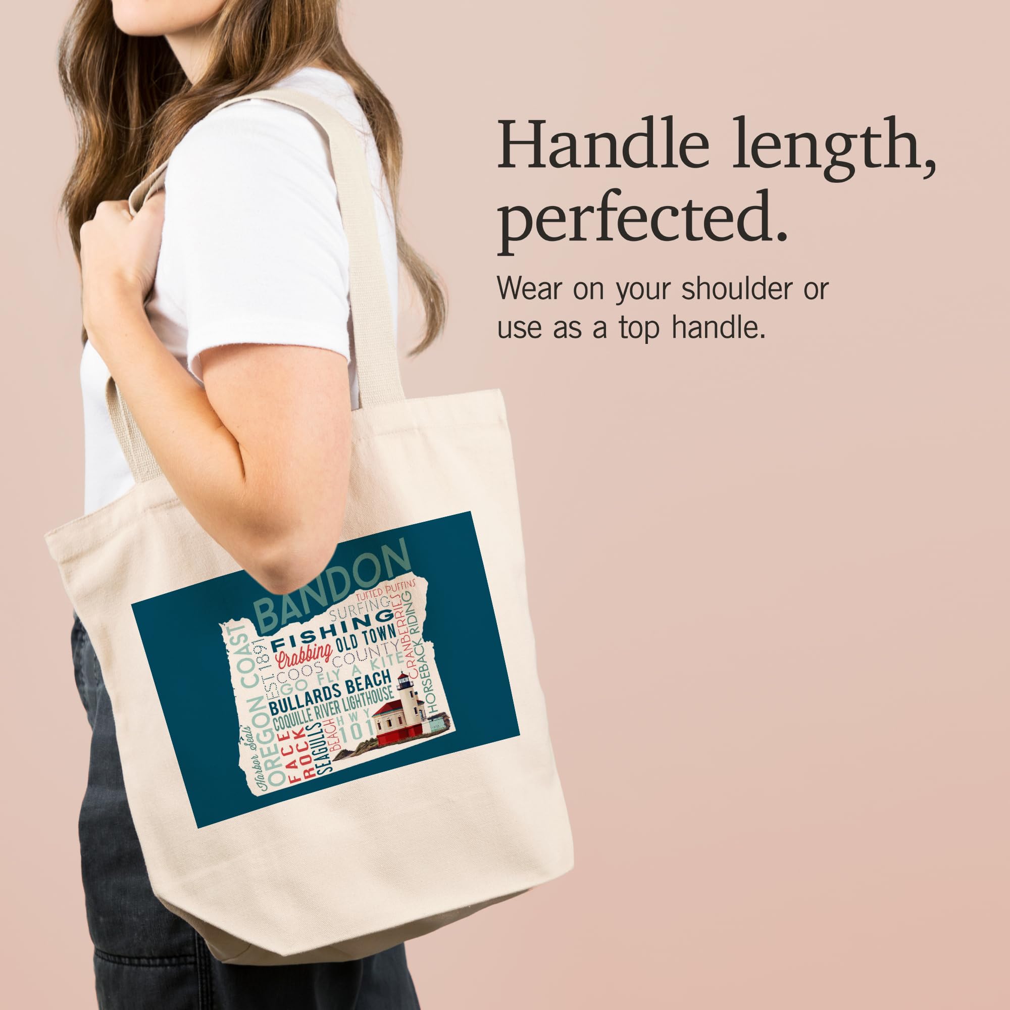 Bandon Oregon Typography 100% Cotton Canvas Reusable Tote Bag - Eco-Friendly Shopping & Beach Tote for Groceries, Books & Travel