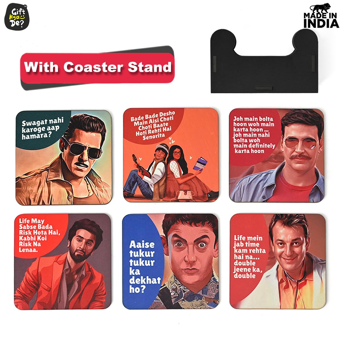 6-Piece Multi-Color Wooden Coaster Set with Stand - Eco-Friendly Square Coasters for Tea, Coffee & Glasses - Perfect for Home, Office & Restaurant Use (Bollywood Design)