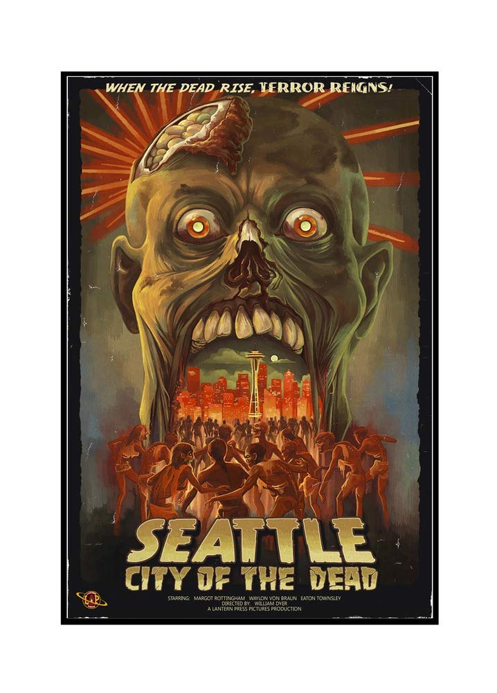 Seattle Zombies City of the Dead - 24x36 Framed Gallery Wrapped Canvas Art Print - Horror Movie Poster for Living Room, Game Room & Halloween Decor