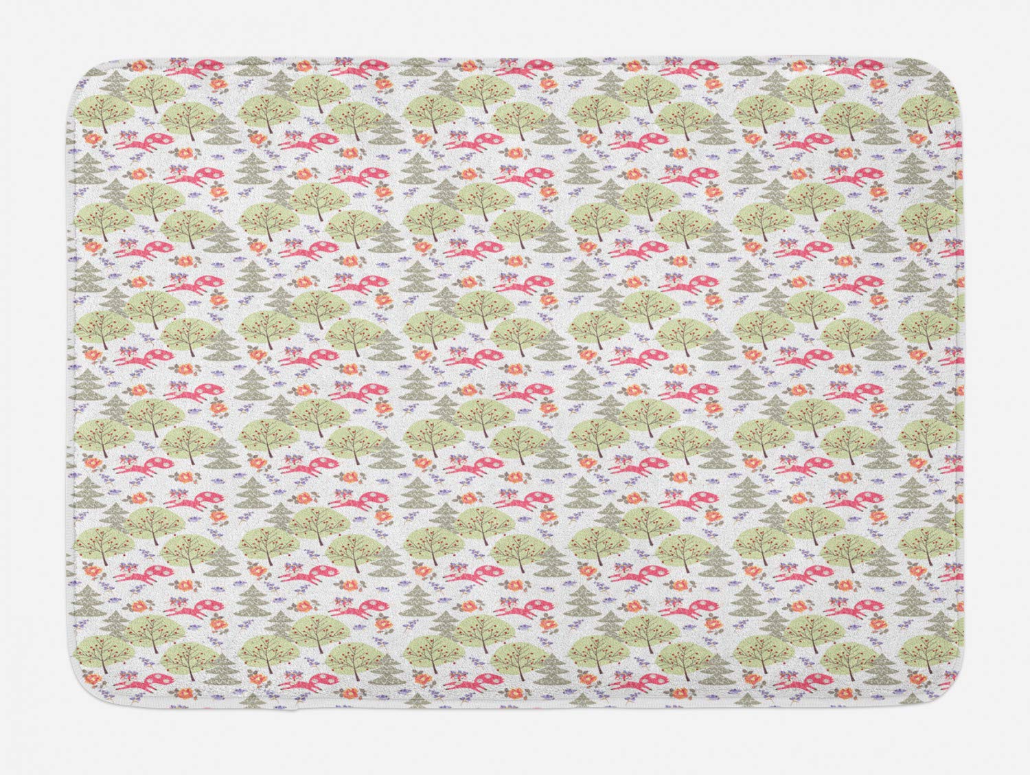 Ambesonne Pastel Bath Mat - Soft Non-Slip Bathroom Rug with Fox, Tree, Rose & Bird Floral Pattern (30