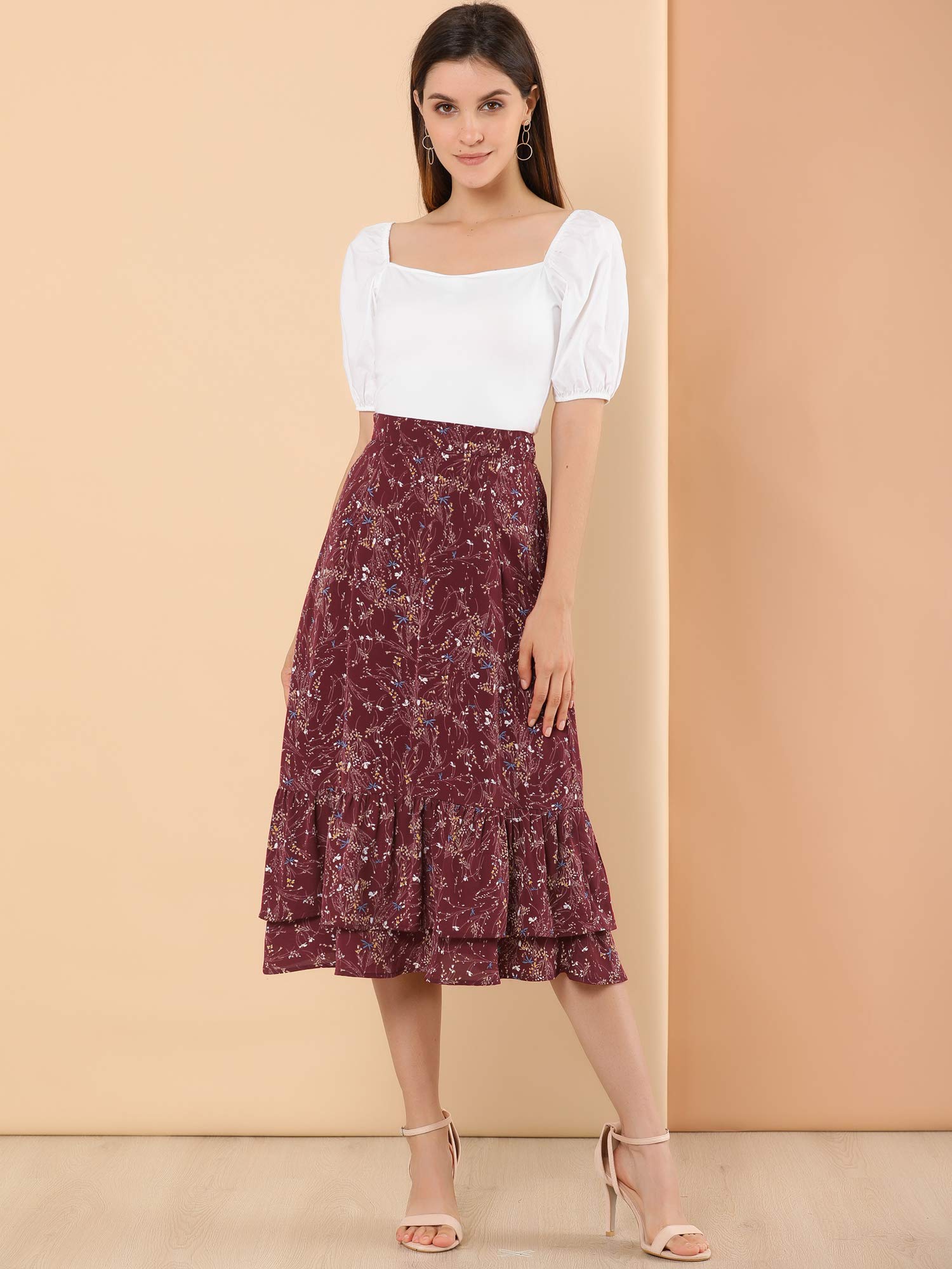 Allegra K Women's Printed Chiffon Midi Skirt - Elastic Waist, Ruffle Tiered Design for Spring & Summer 2025 | Trendy Flowy Skirt for Casual Outings, Beach Vacations & Date Nights