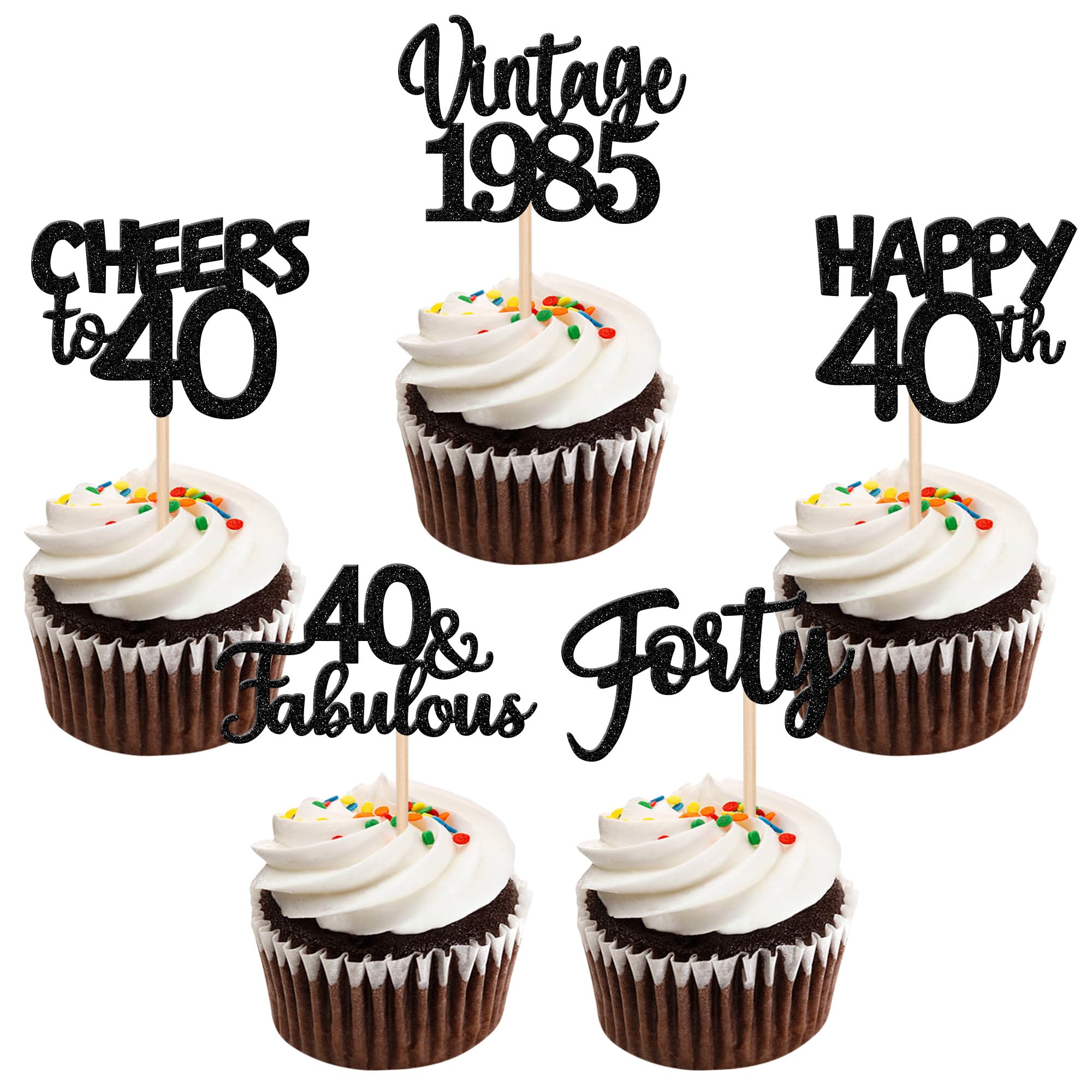 30PCS Happy 40th Birthday Cupcake Toppers - Glitter Forty Vintage 1985 Cake Decorations for 40th Birthday Party, Wedding, Anniversary - Cheers to 40 Fabulous Years - Perfect for Milestone Celebrations and Cake Decorating