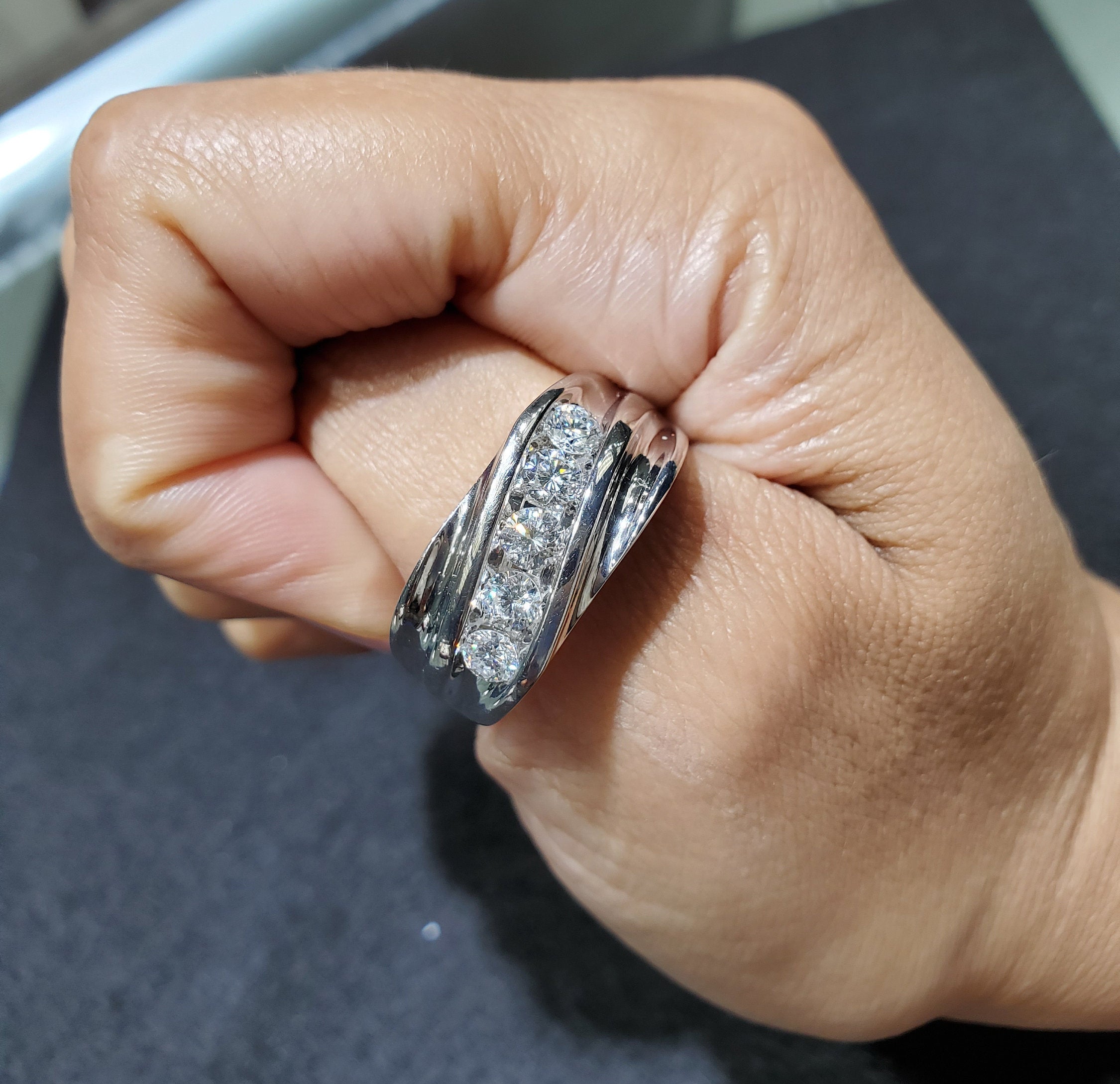 1.50cttw Diagonal Five Stone Diamond Wedding Band in 14k White Gold - Elegant Bridal Ring for Engagement & Anniversary Gifts