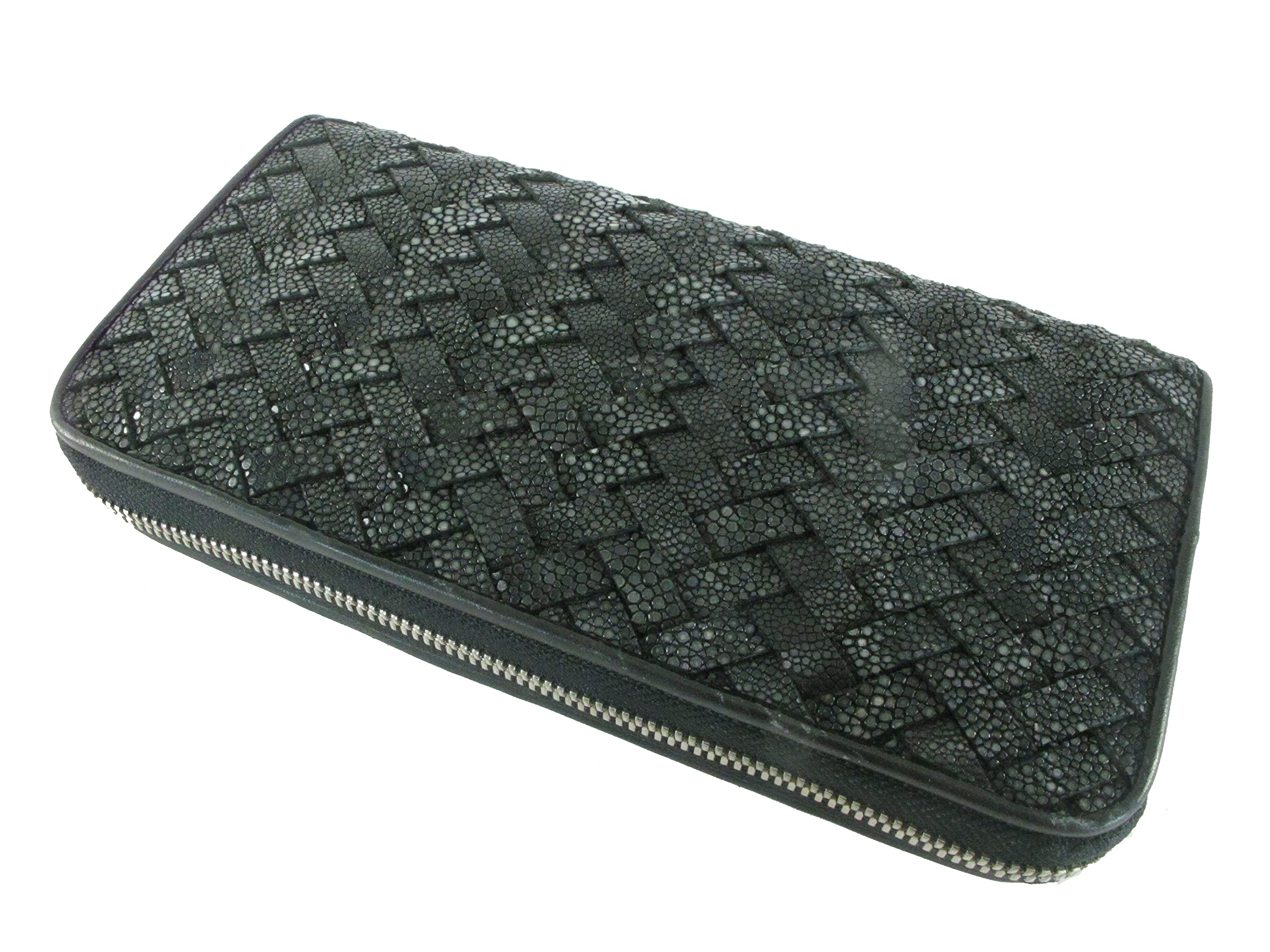 Genuine Polished Stingray Skin Women's Zip Around Braided Clutch Wallet - Handmade Leather Purse for Evening Bags & Special Occasions (Black)