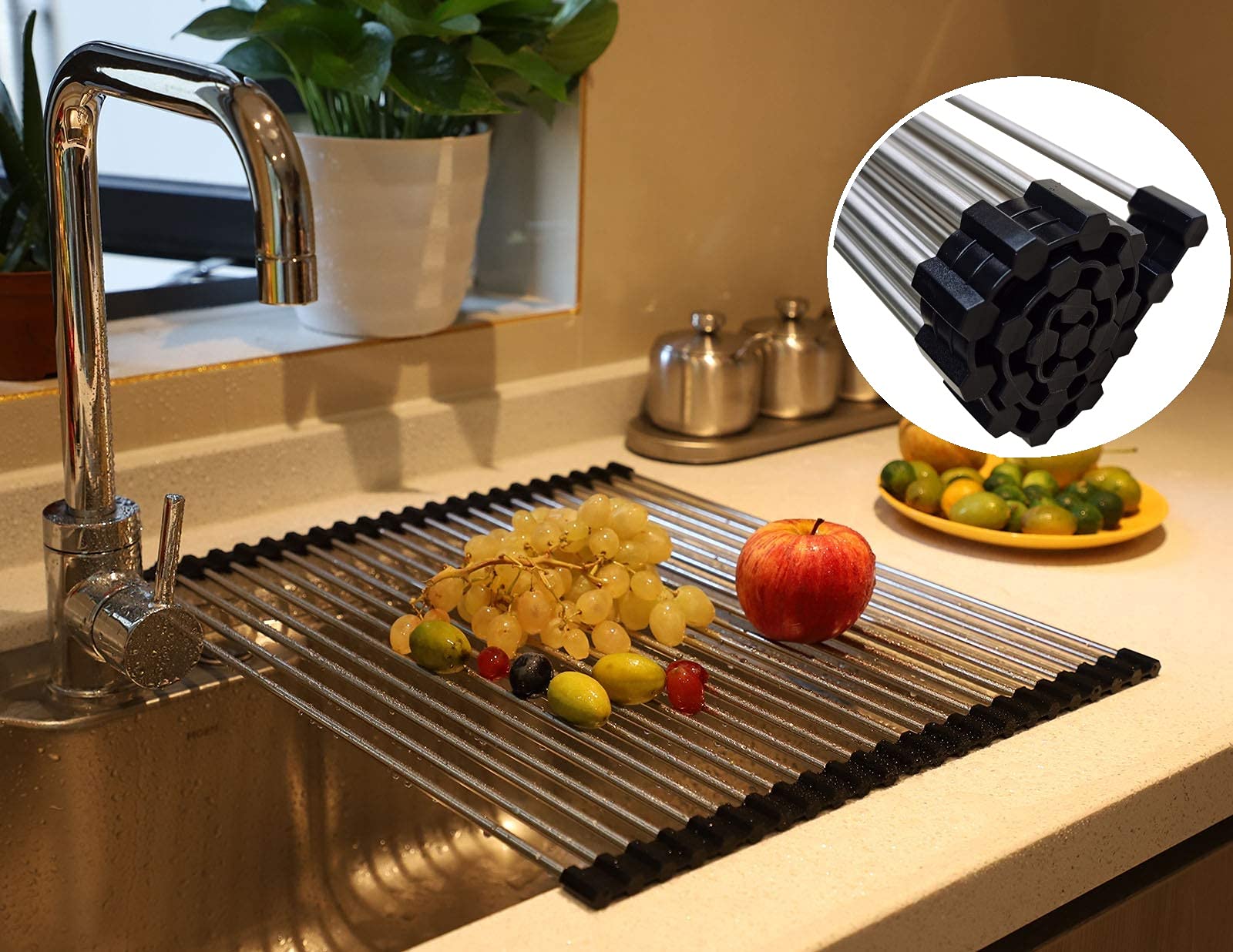 Portable Stainless Steel Over The Sink Dish Drying Rack - Foldable Kitchen Counter Mat (17.7