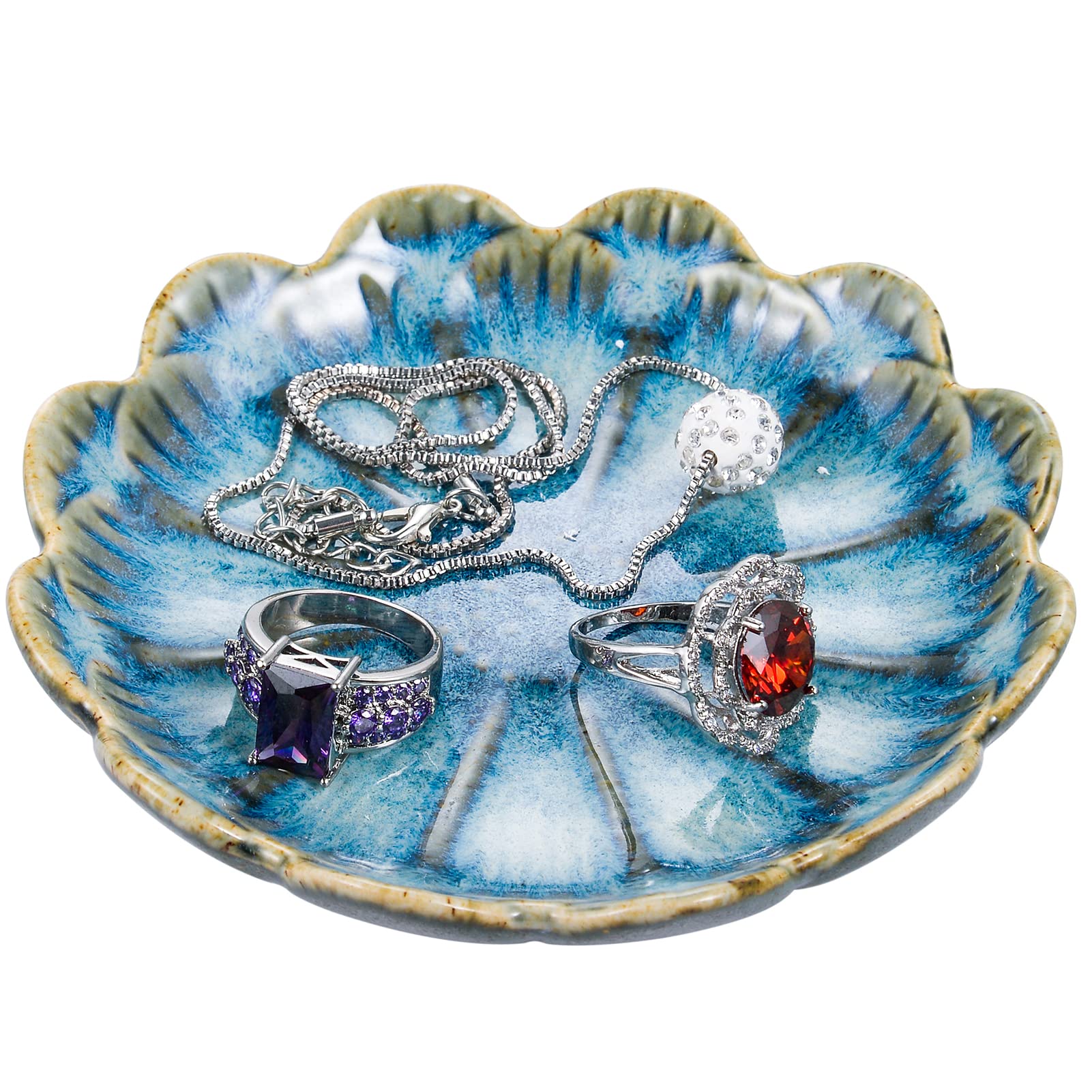 Vintage Ceramic Jewelry Dish Tray - Lotus Leaf Ring Holder & Necklace Organizer (4.33×4.33×0.78