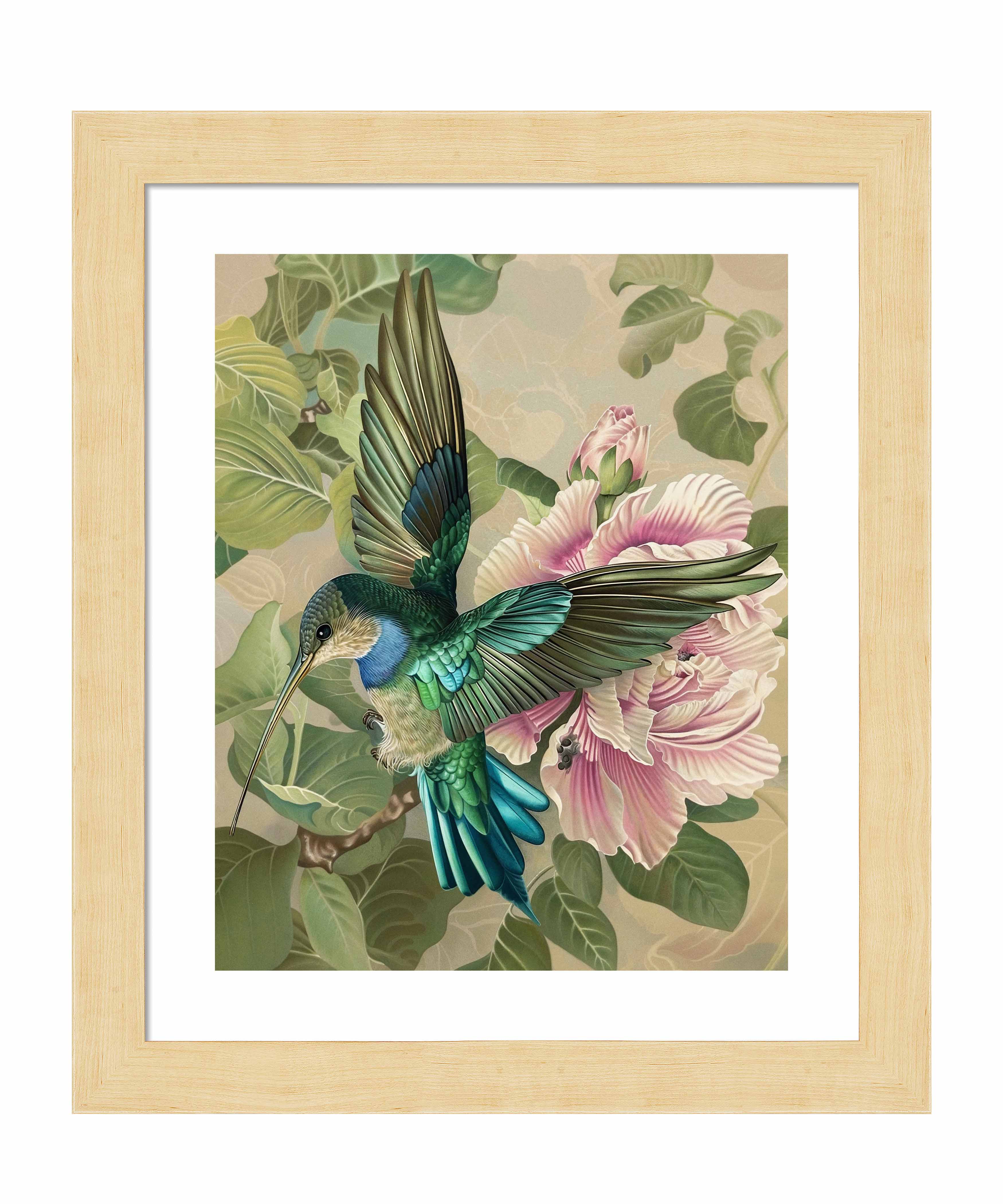Emerald Flight Hummingbird Among Hibiscus Wall Art Print - Vibrant Tropical Home Decor for Living Room, Bedroom & Office