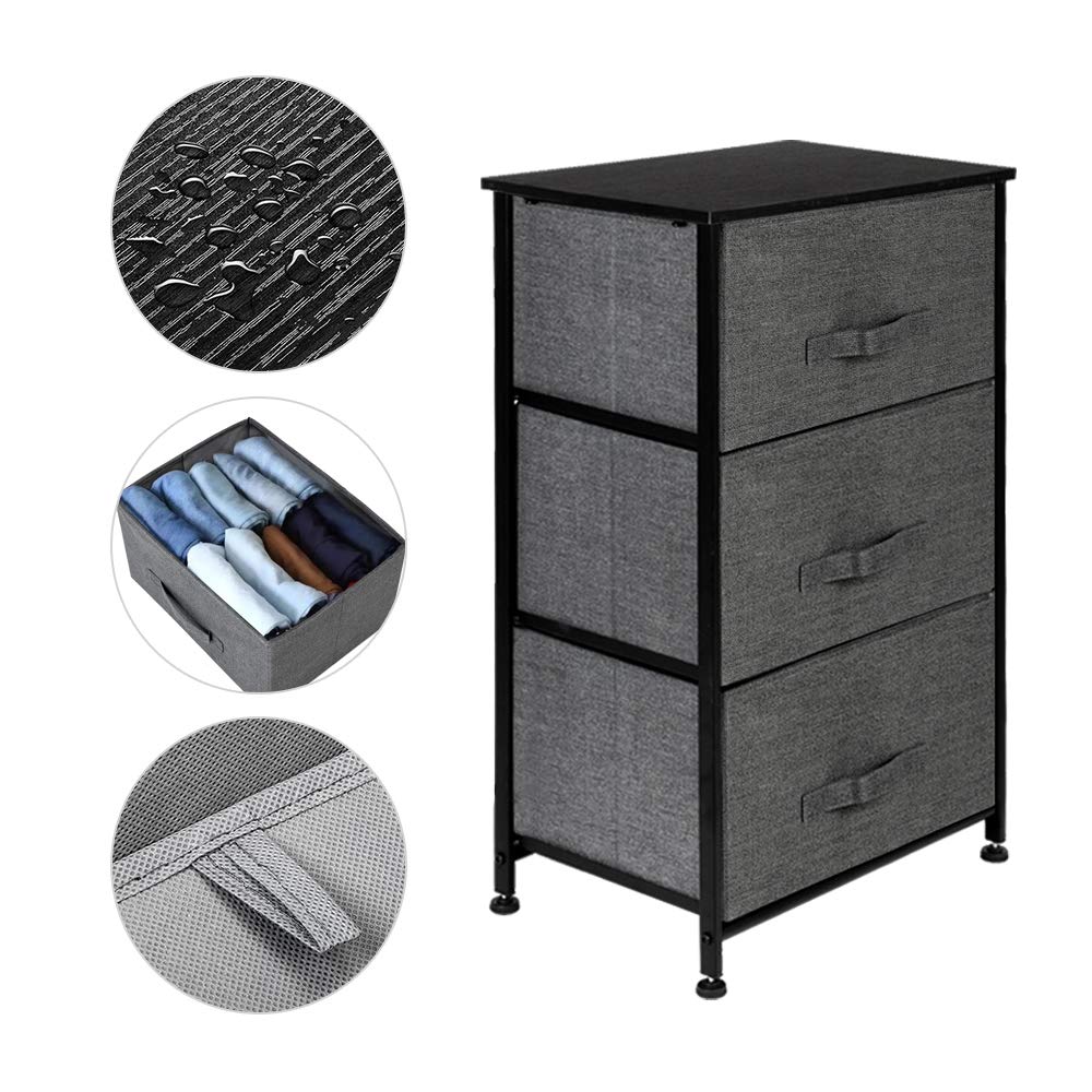 Modern Nightstand with 3 Fabric Drawers - Wood Top Bedside Table with Storage Bins, Lightweight Accent Furniture for Bedroom, Nursery, Hallway & Entryway - Space-Saving Organization Solution (Grey) - Perfect for Small Spaces, Apartment Living & Closet Storage