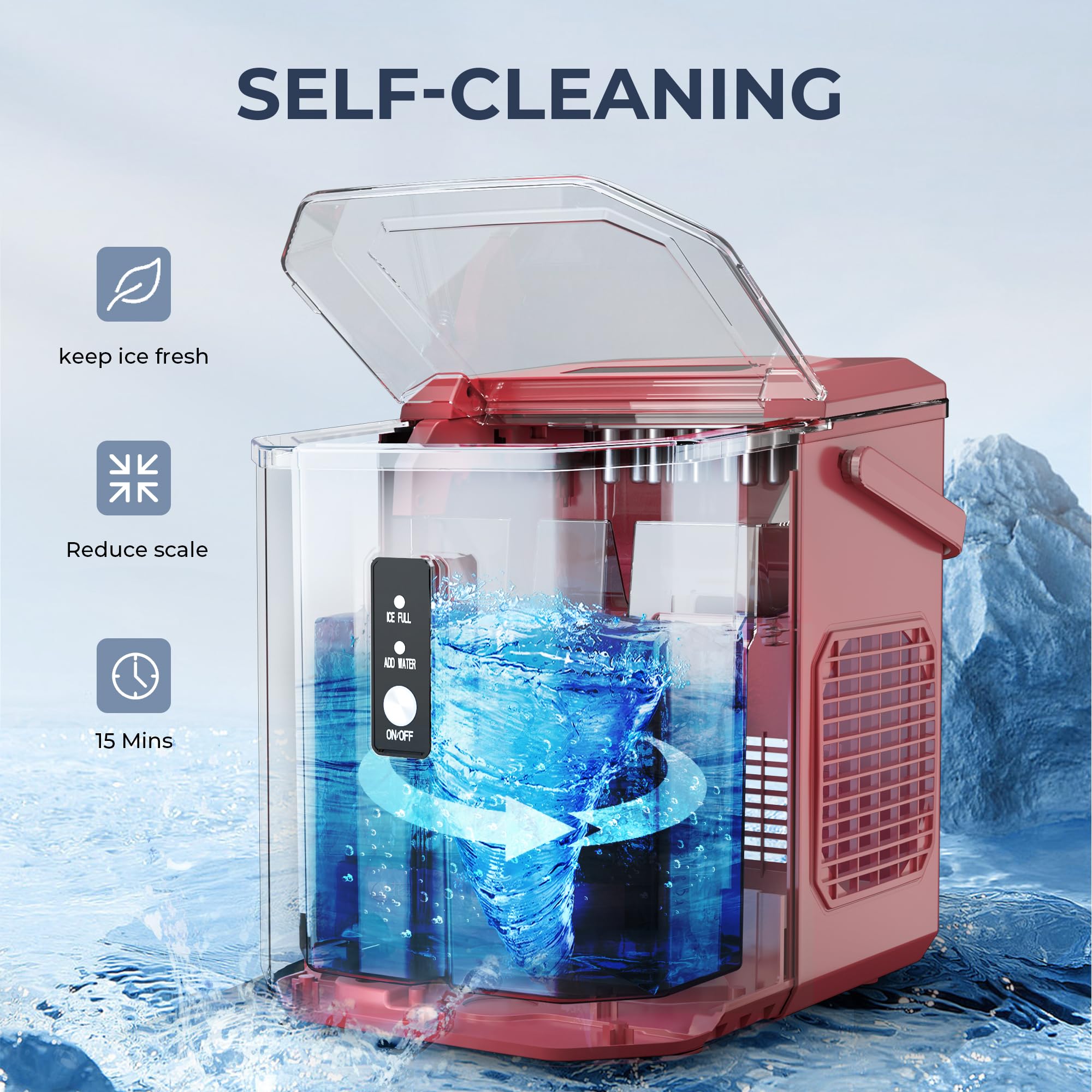 EUHOMY Portable Countertop Ice Maker - 9 Ice Cubes in 6 Minutes, 26lbs Daily Output, Self-Cleaning with Ice Scoop & Basket, Compact Ice Machine for Home, Kitchen, Office, RV, Camping & Parties (Red)