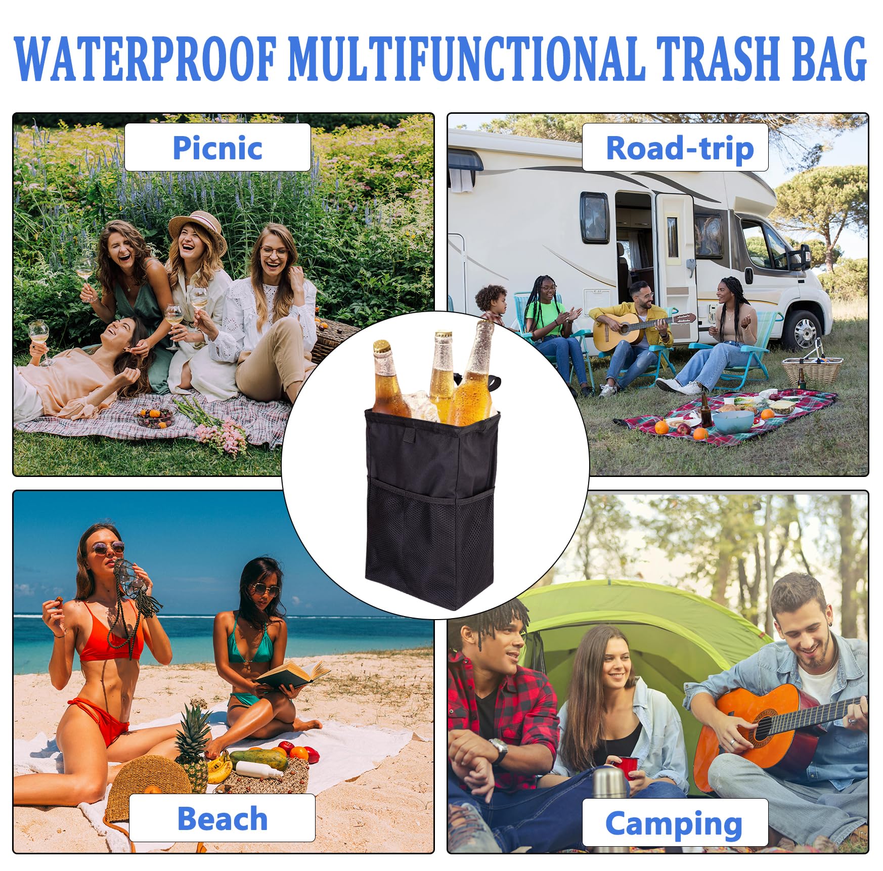 Ginsco Hanging Car Trash Bag - Large Capacity Leakproof Car Garbage Can with 4 Pockets | Foldable Waterproof Vehicle Trash Organizer for Camping, Travel & Road Trips | Perfect Car Accessory for Sedans, SUVs & Trucks