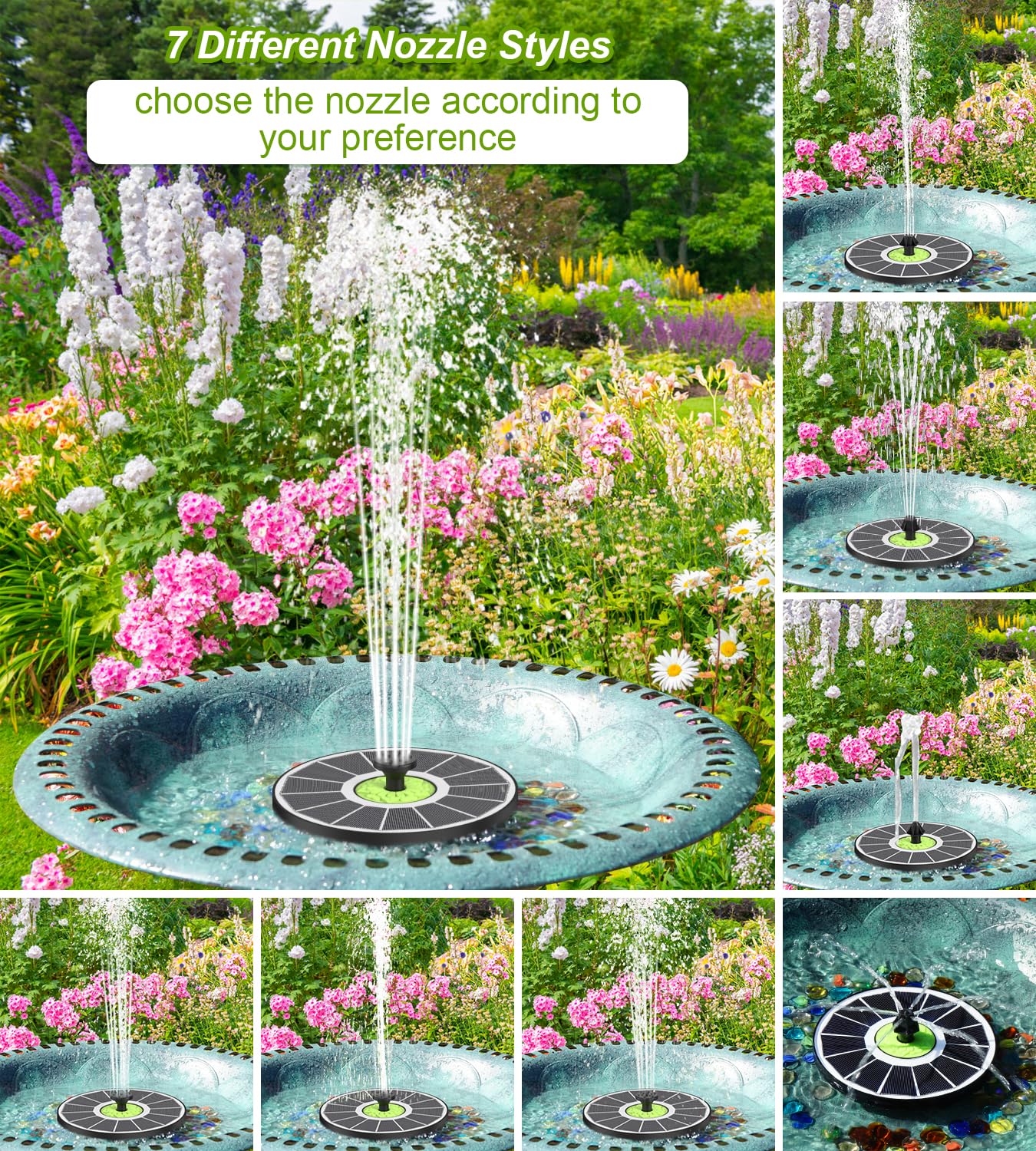 Solar Bird Bath Fountain - 3.5W Solar Powered Water Pump with 7 Interchangeable Nozzles & 100% Glass Panel, White Garden Fountain for Hummingbirds, Outdoor Decor, Pond, Patio - Perfect for Backyard, Garden Decor & Attracting Wildlife