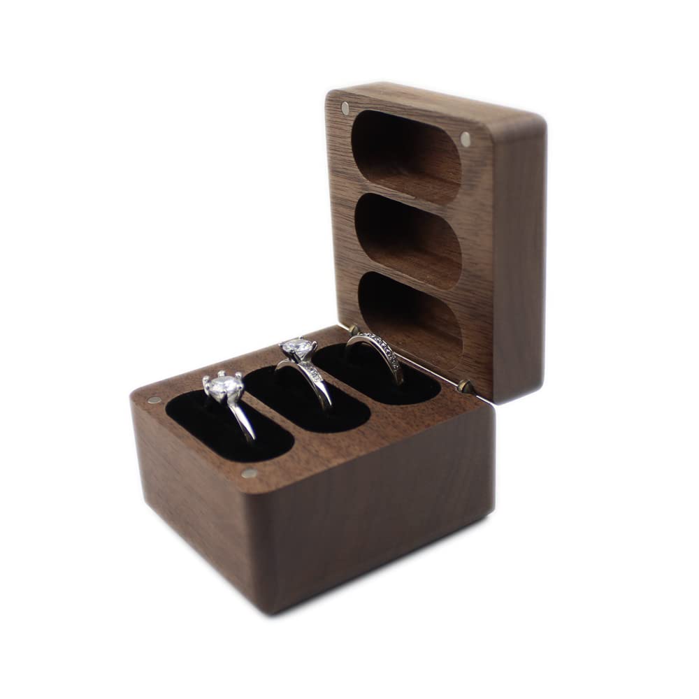 Solid Black Walnut Wood Ring Box for Wedding - Rustic Square Engagement Ring Holder with Soft Velvet Slots Holds 3 Rings - Perfect for Wedding Ceremony, Proposal, Anniversary Gift for Men & Women
