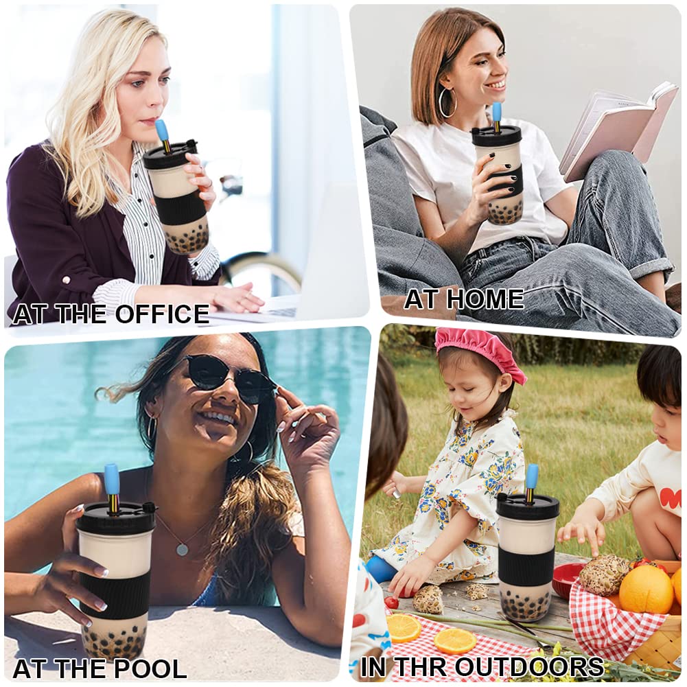 2 Pack 24oz Reusable Glass Boba Tea Cups with Lids & Straws - Mason Jar Style Iced Coffee & Smoothie Cups with Silicone Sleeve - Perfect for Bubble Tea, Cold Brew, Juicing at Home or Office