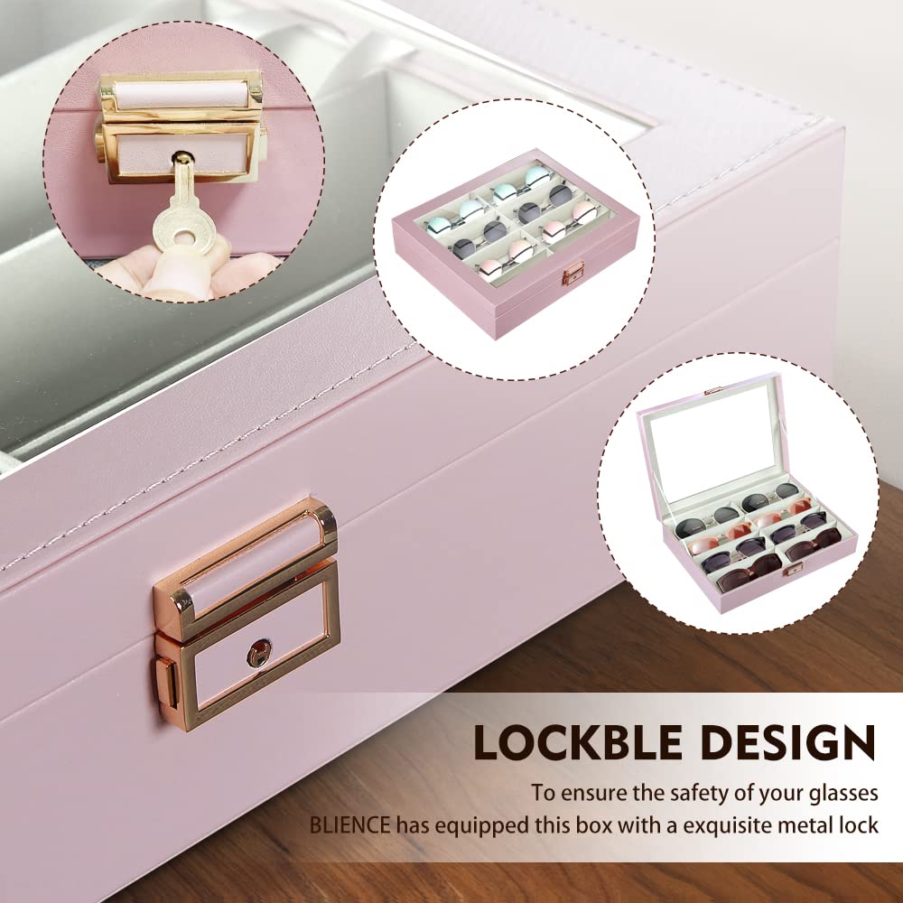 BLIENCE 8 Slot PU Leather Sunglasses Organizer Case for Women - Eyeglasses Storage Box with Clear Top & Lock, Jewelry and Watch Display Case - Perfect for Travel, Home Organization and Sunglasses Collection (Sweet Pink)