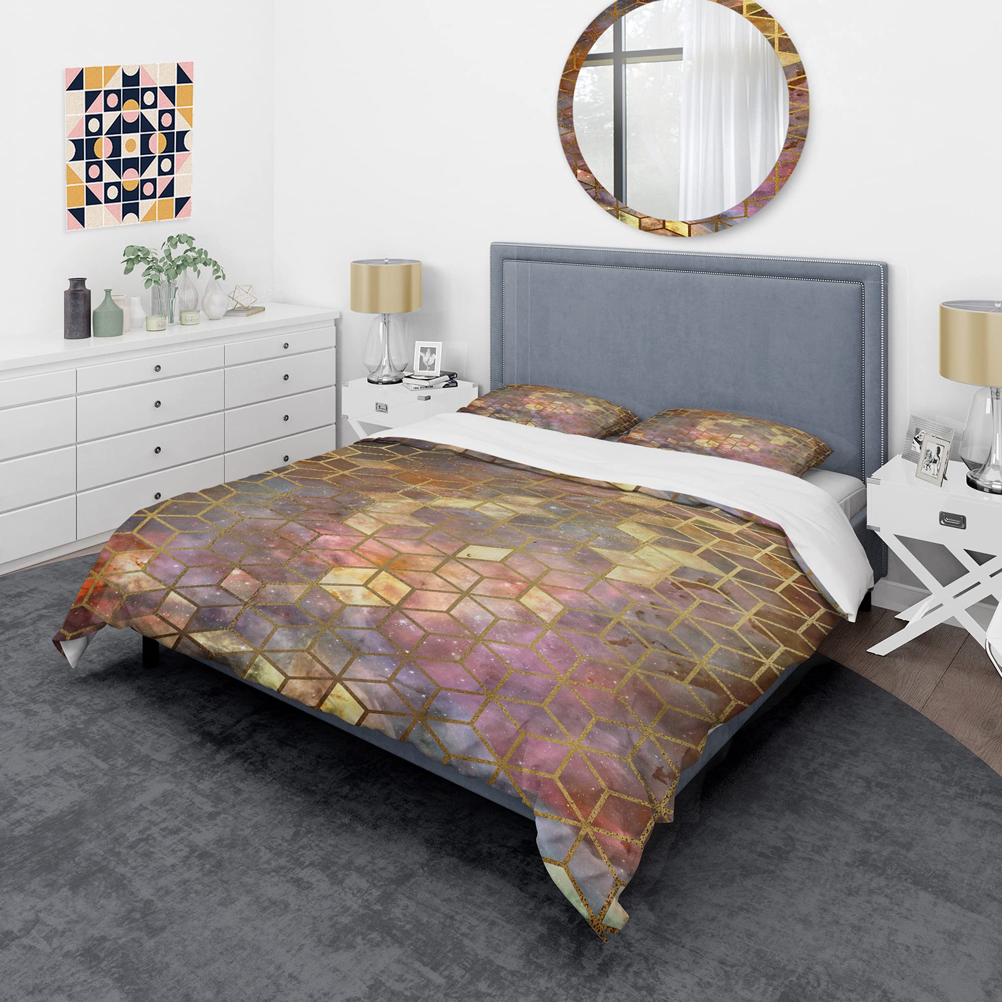 Modern Geometric Duvet Cover Set King - Yellow Cubes on Nebula for Contemporary Bedrooms