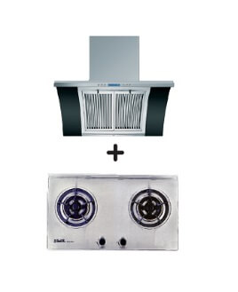 Ellane EH 2688 90cm Stainless Steel Chimney Hood with Arch Glass & EB 228SV 75cm 2-Burner Stainless Steel Gas Cooktop - Modern Kitchen Ventilation System for Home Cooking and Smoke Extraction