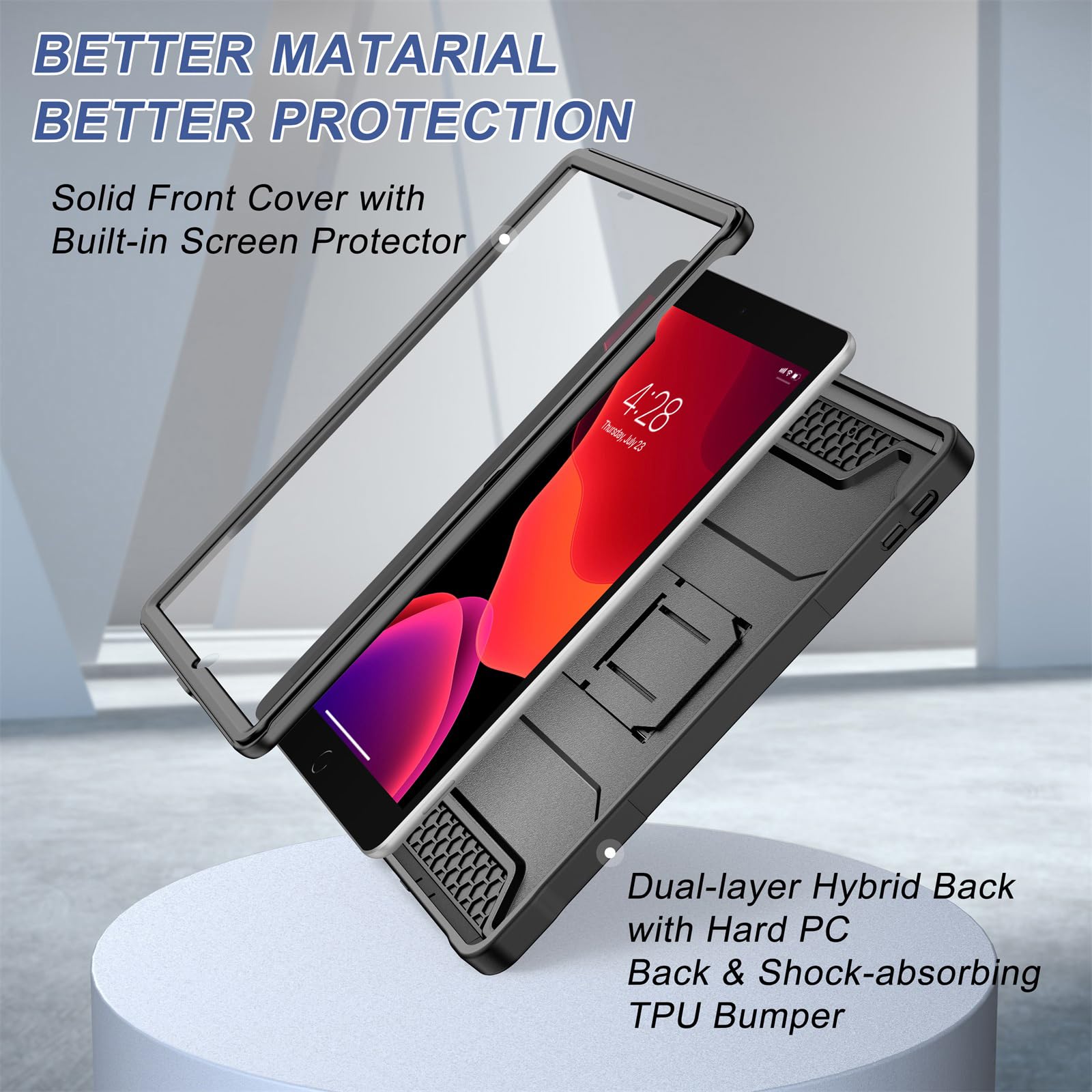 Soke Rugged Protective Case for iPad 9th/8th/7th Generation 10.2-Inch (2021/2020/2019) - Shockproof Cover with Built-in Screen Protector & Adjustable Kickstand - Perfect for Work, School & Travel - Black